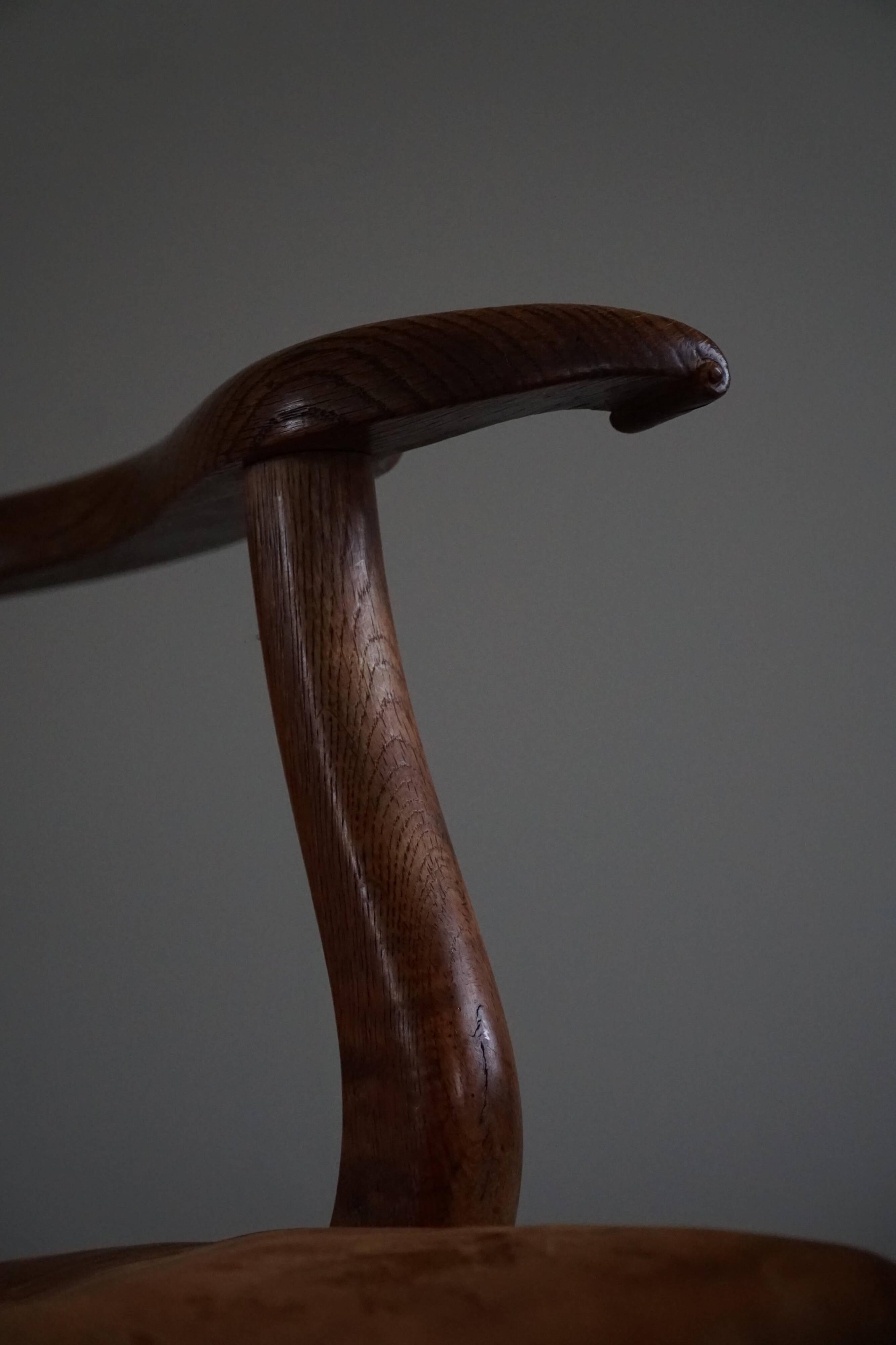 Vintage Sculptural Armchair in Oak and Leather, Danish Modern, 1940s