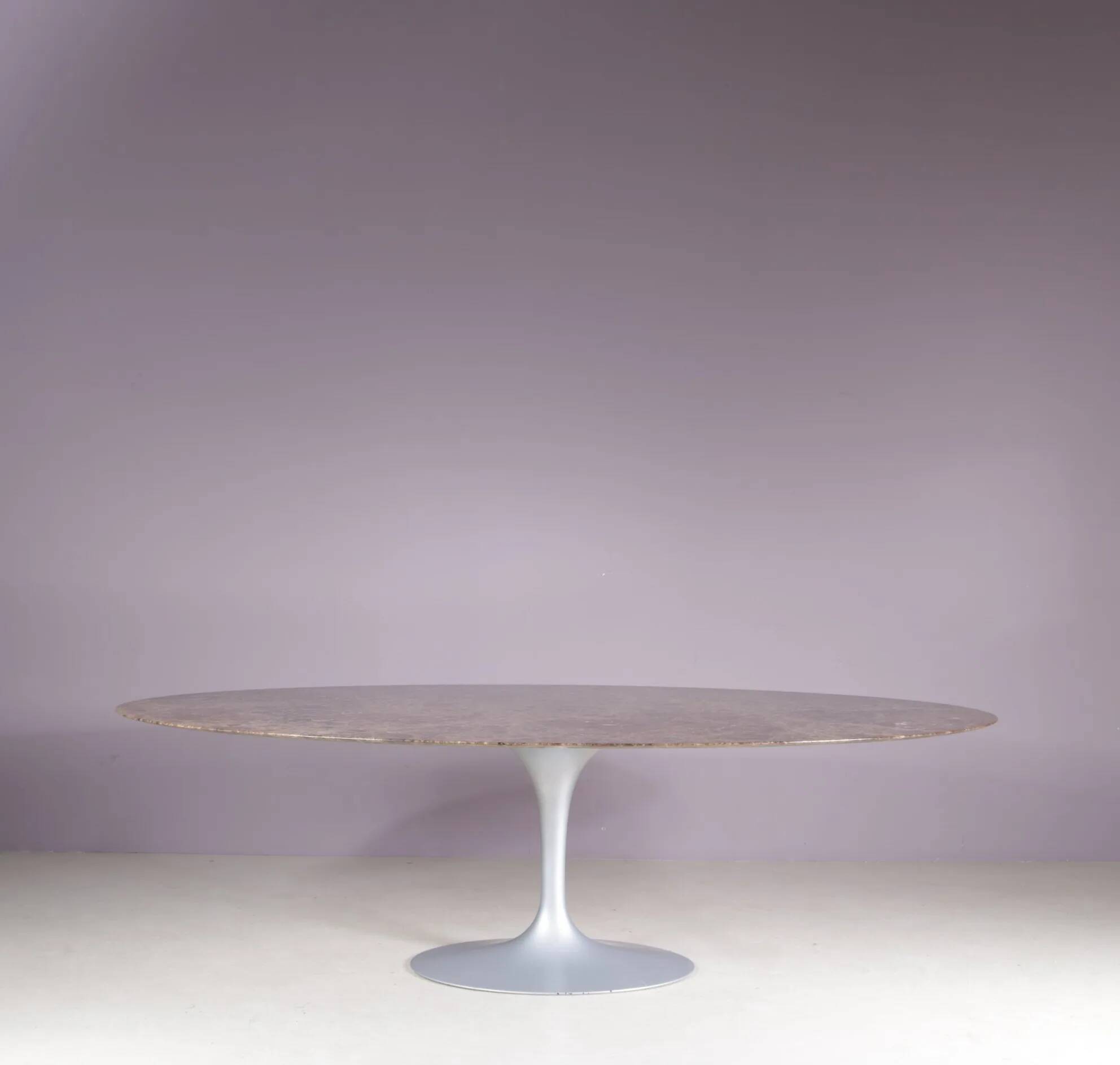 1970s XL oval Tulip table with brown marble top and matte silver oval base / Eero Saarinen / Knoll, USA