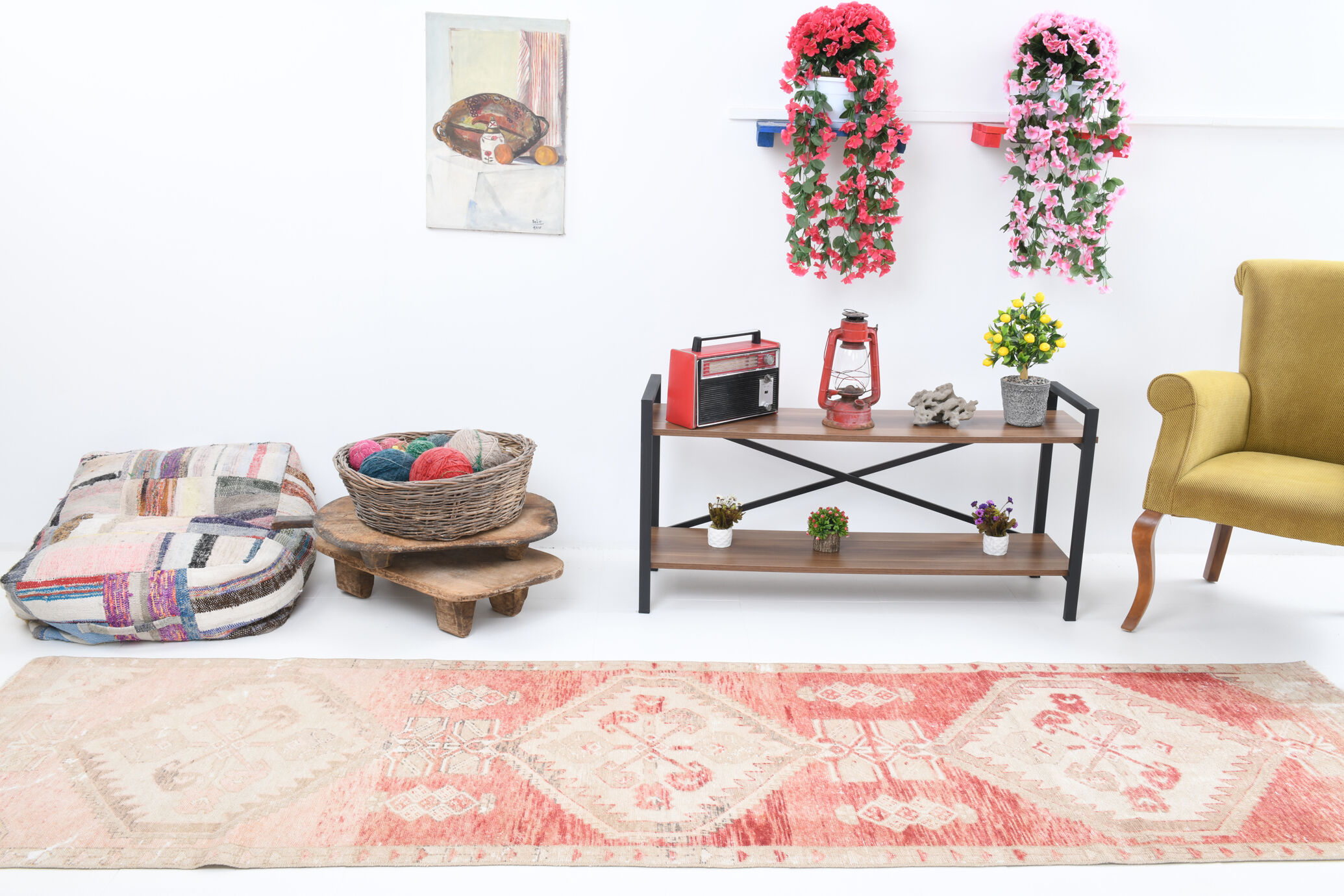 Faded red and beige vintage runner rug 322x85cm
