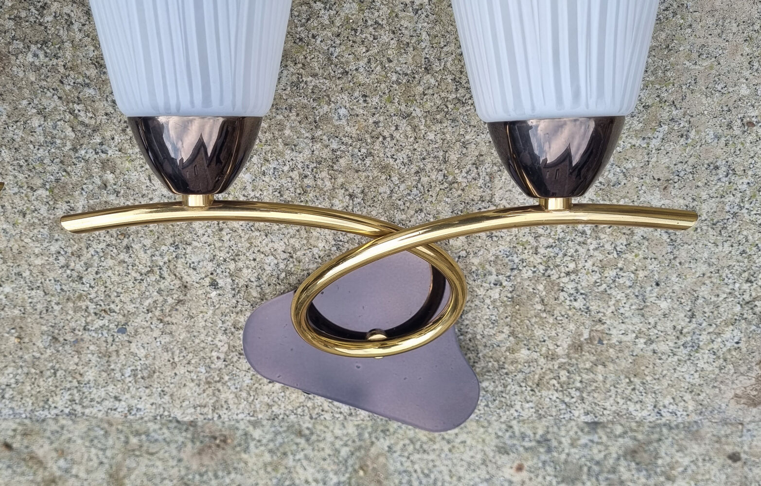 Pair of wall lamps, brass and opaline, vintage, Maison Lunel, 50s