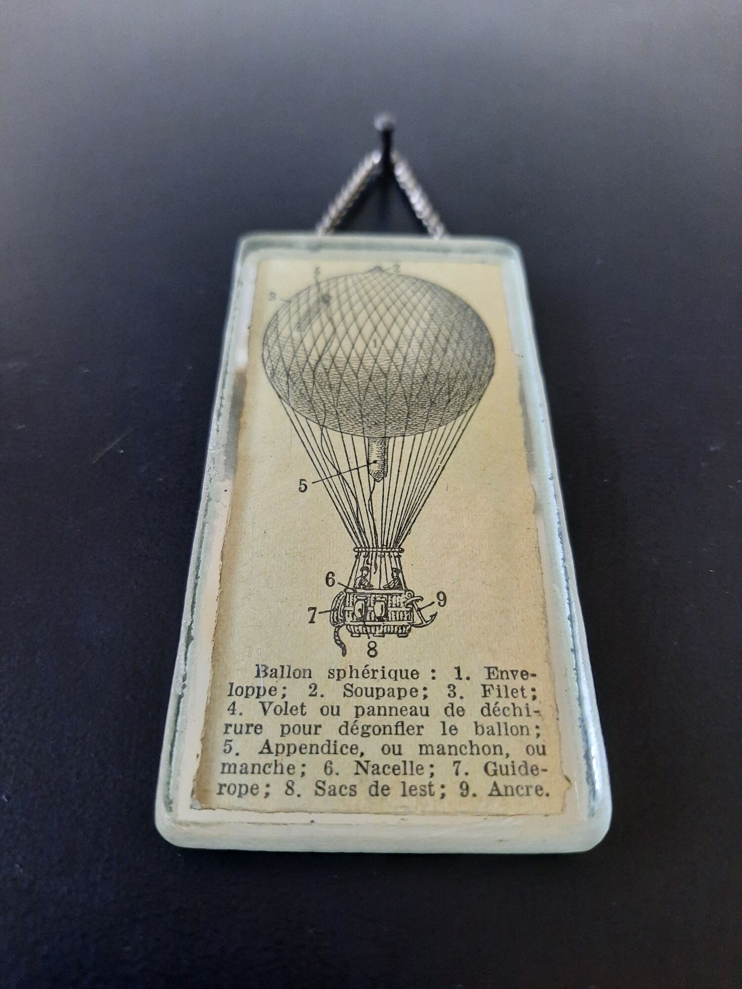 Old illustration "Spherical balloon"/ Hot air balloon, inserted under mirror. Cabinet of curiosity.