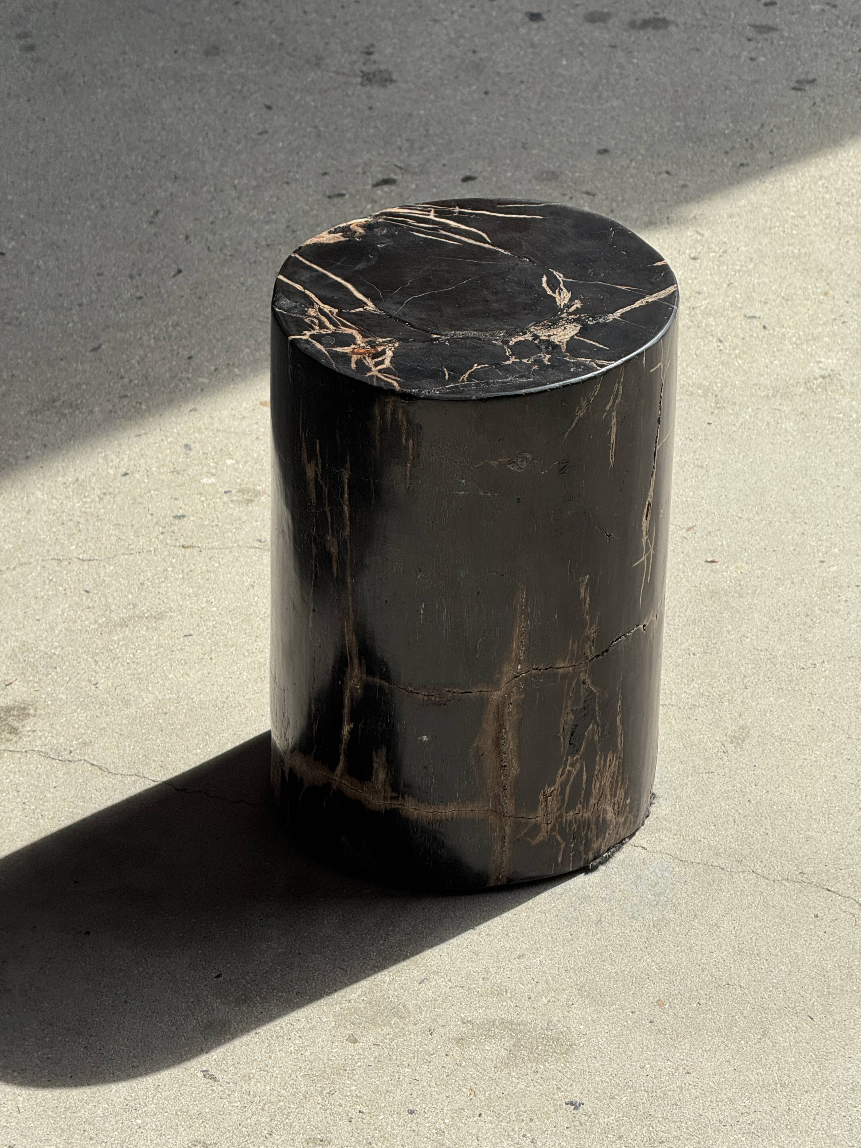 Small black petrified wood side table with beige stripes H28 D18 - 3347
