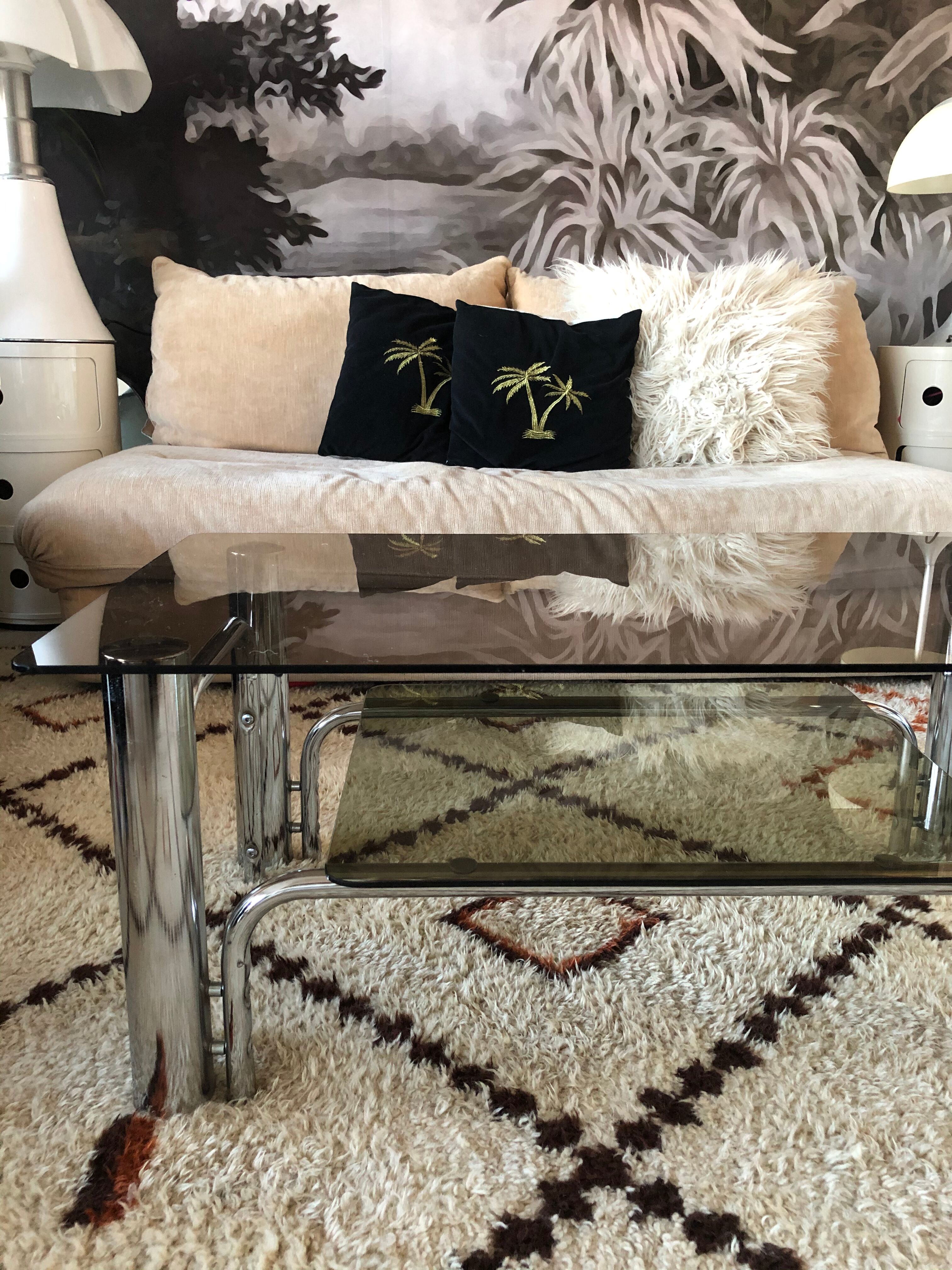 Chromium coffee table and 1970s smoked glass