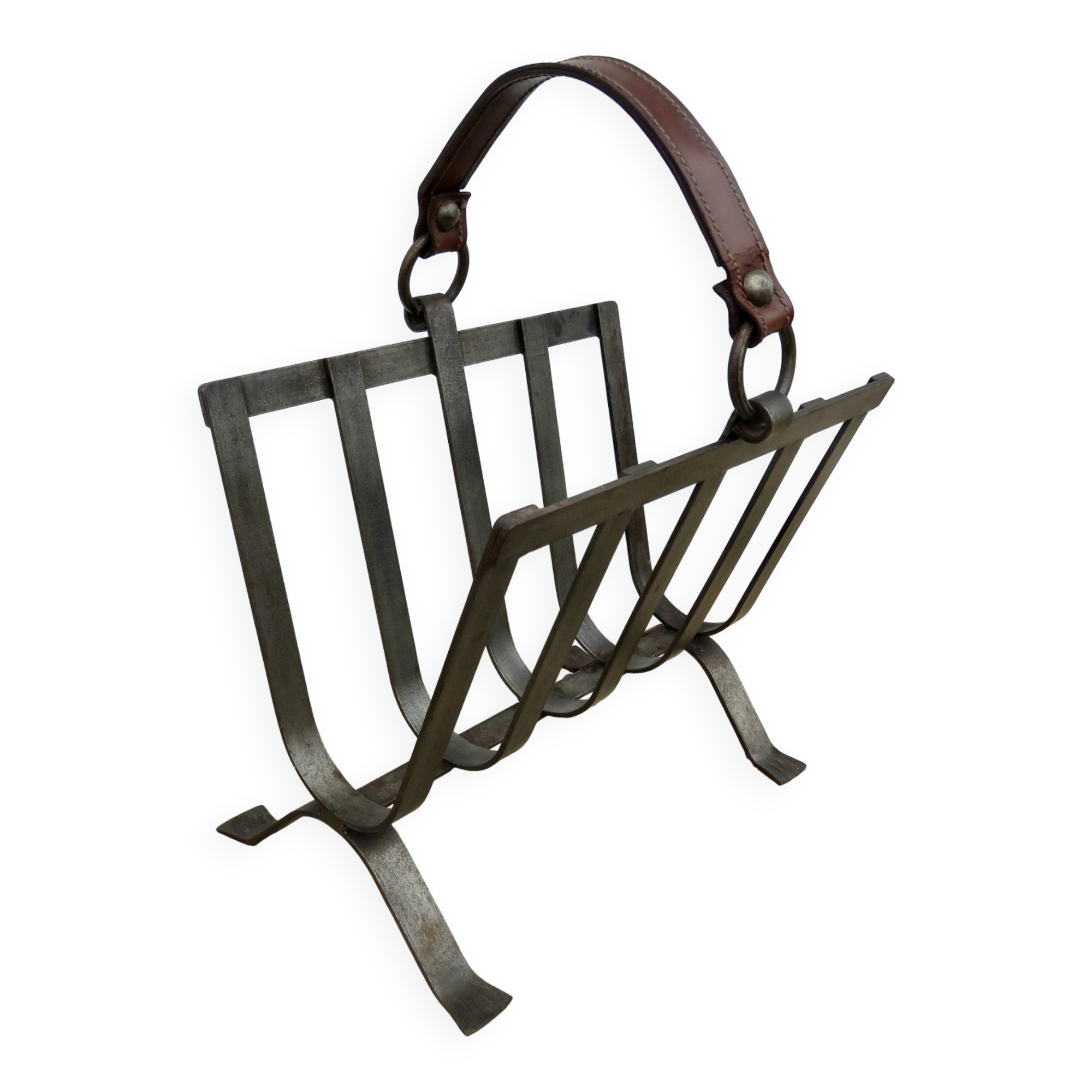 Porte revue en acier brut et cuir, dans le style de Jacques Adnet