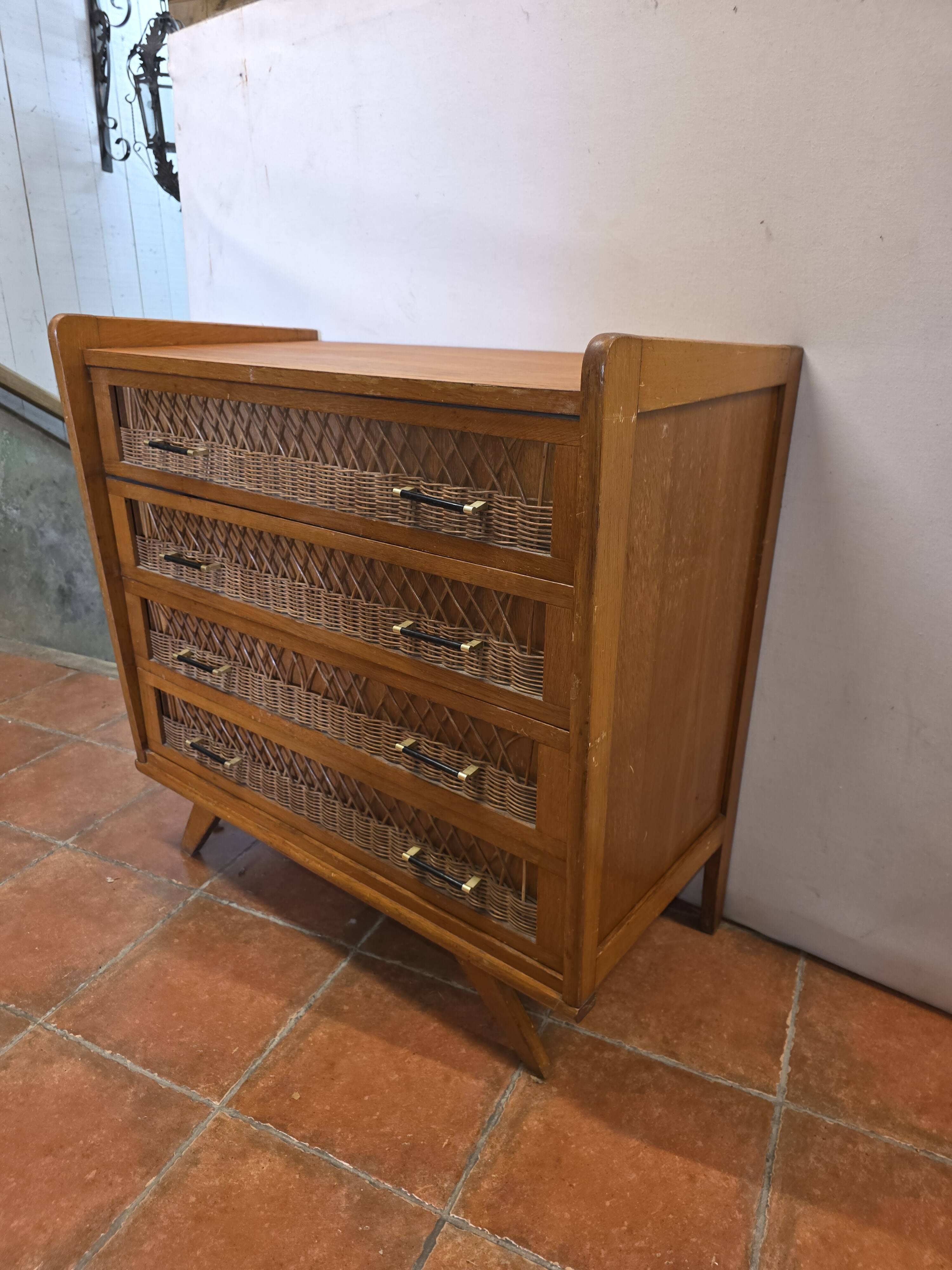 Commode vintage rotin et chêne des années 60