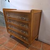 Commode vintage rotin et chêne des années 60