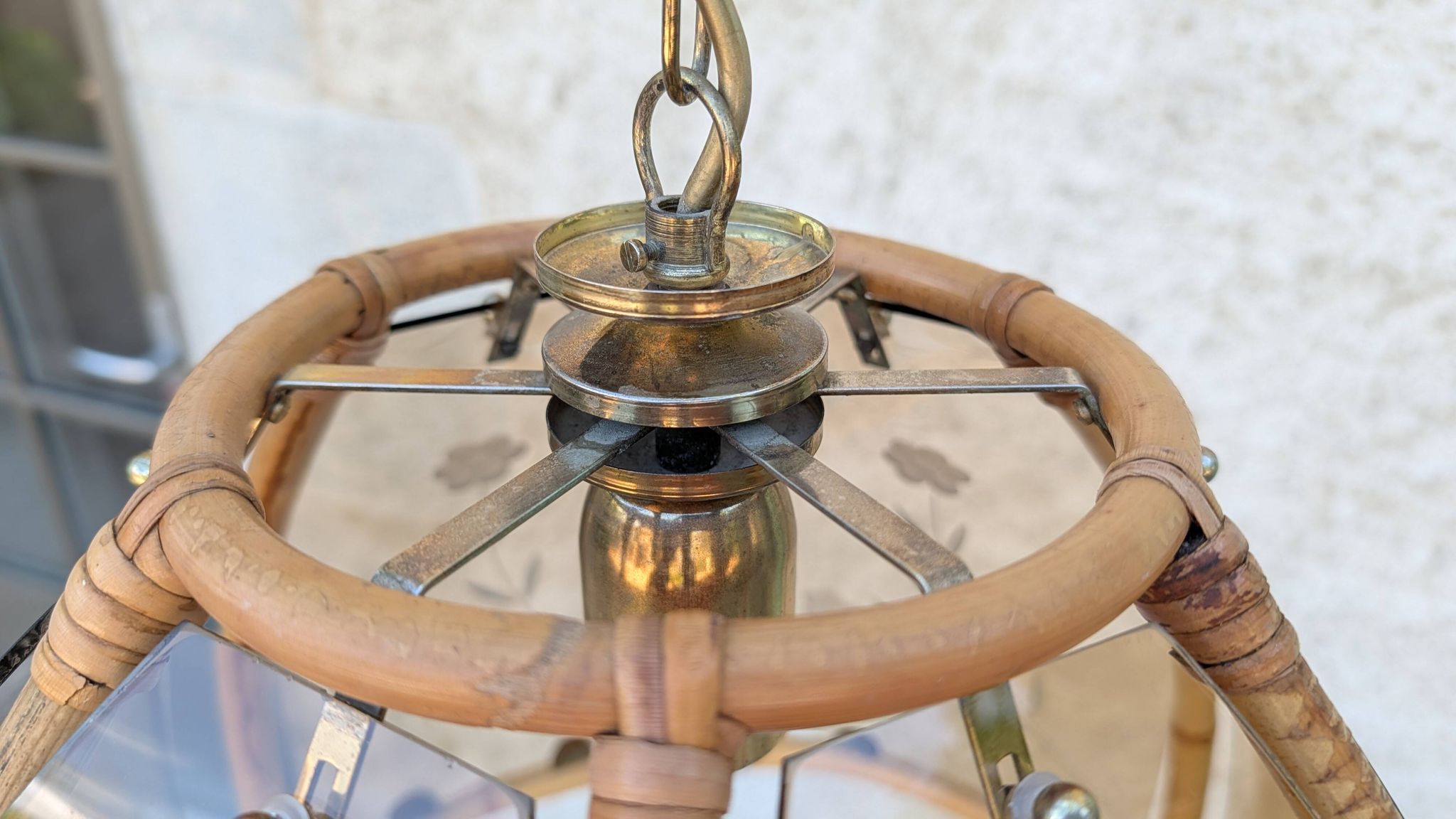 Vintage rattan and smoked glass pendant – 1970s