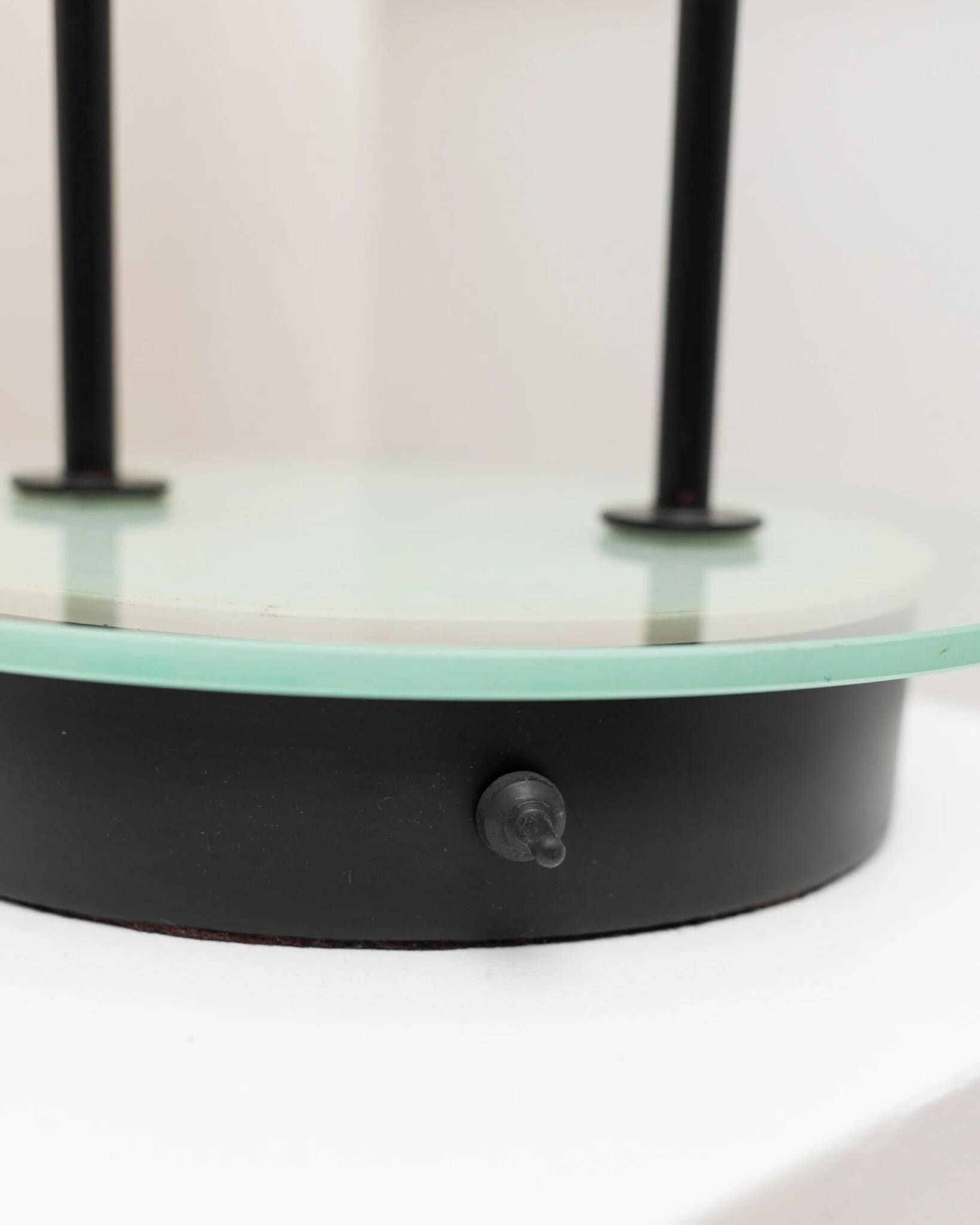 Vintage black metal table lamp with frosted glass disc, Italy, Postmodern Memphis 1980s