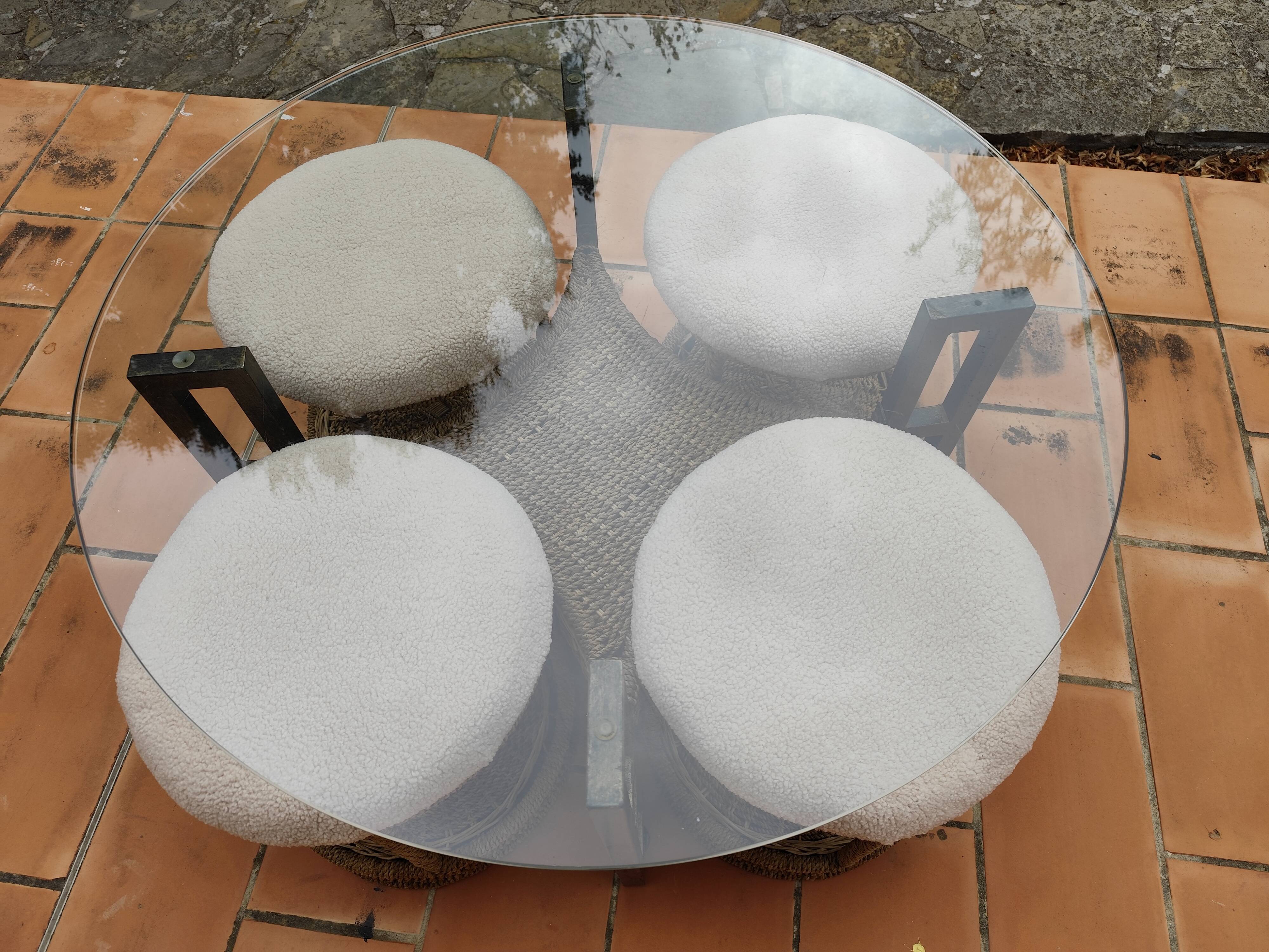 Vintage 1970s rope & rattan coffee table and 4 stools