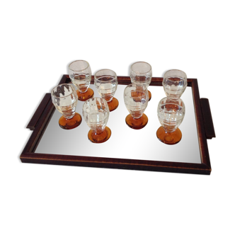 Set 8 verres à rhum art déco sur plateau miroir