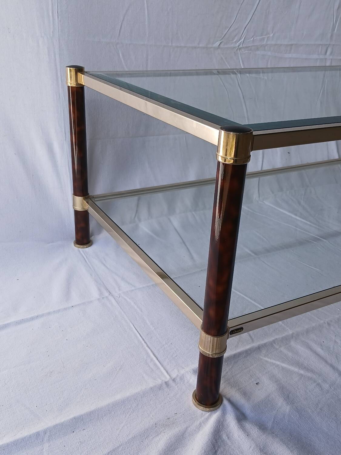 70s glass and brass coffee table
