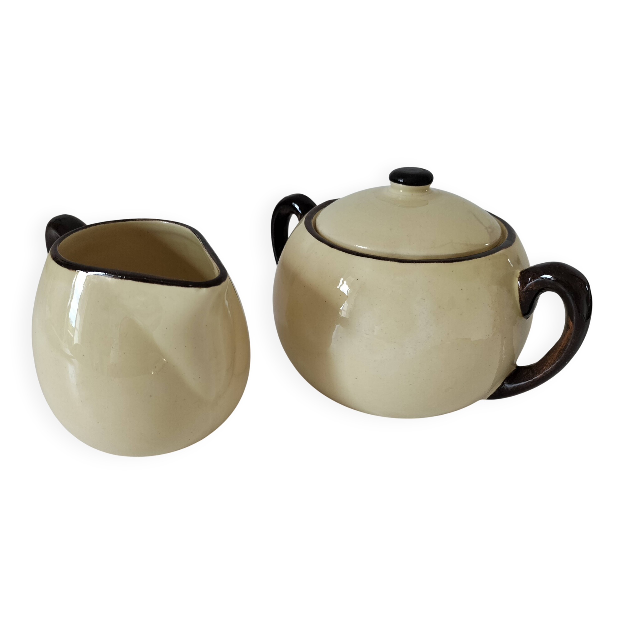 HBCM Sugar Bowl and Milk Jug Duo - Vintage Cream and Brown Earthenware