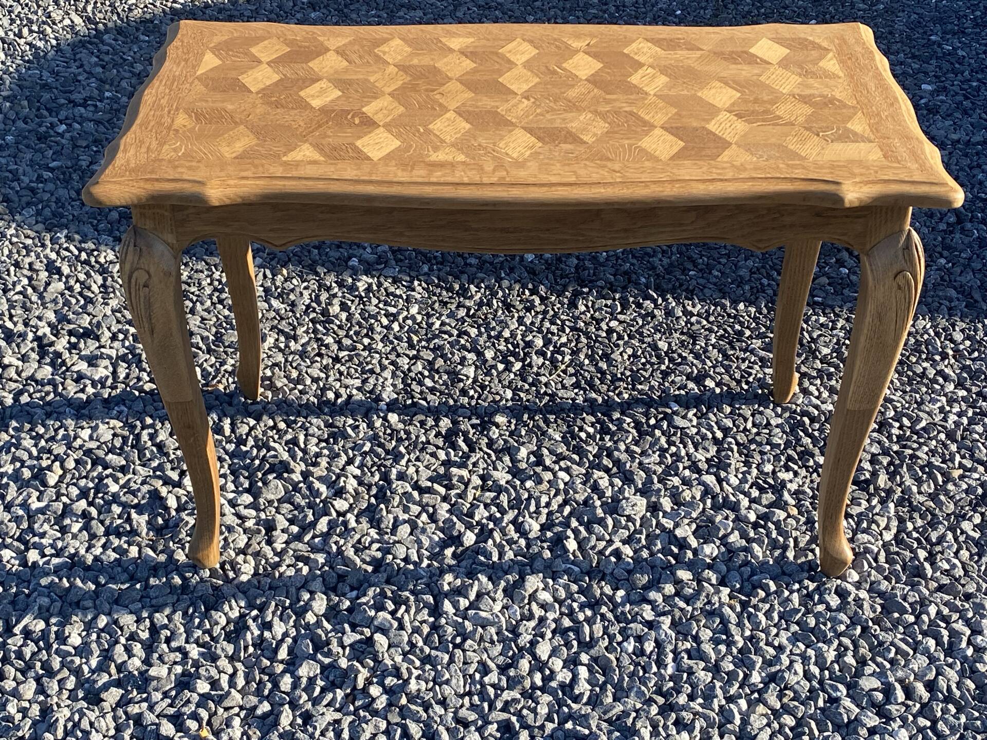 Vintage oak marquetry coffee table, Louis XV style - top motif