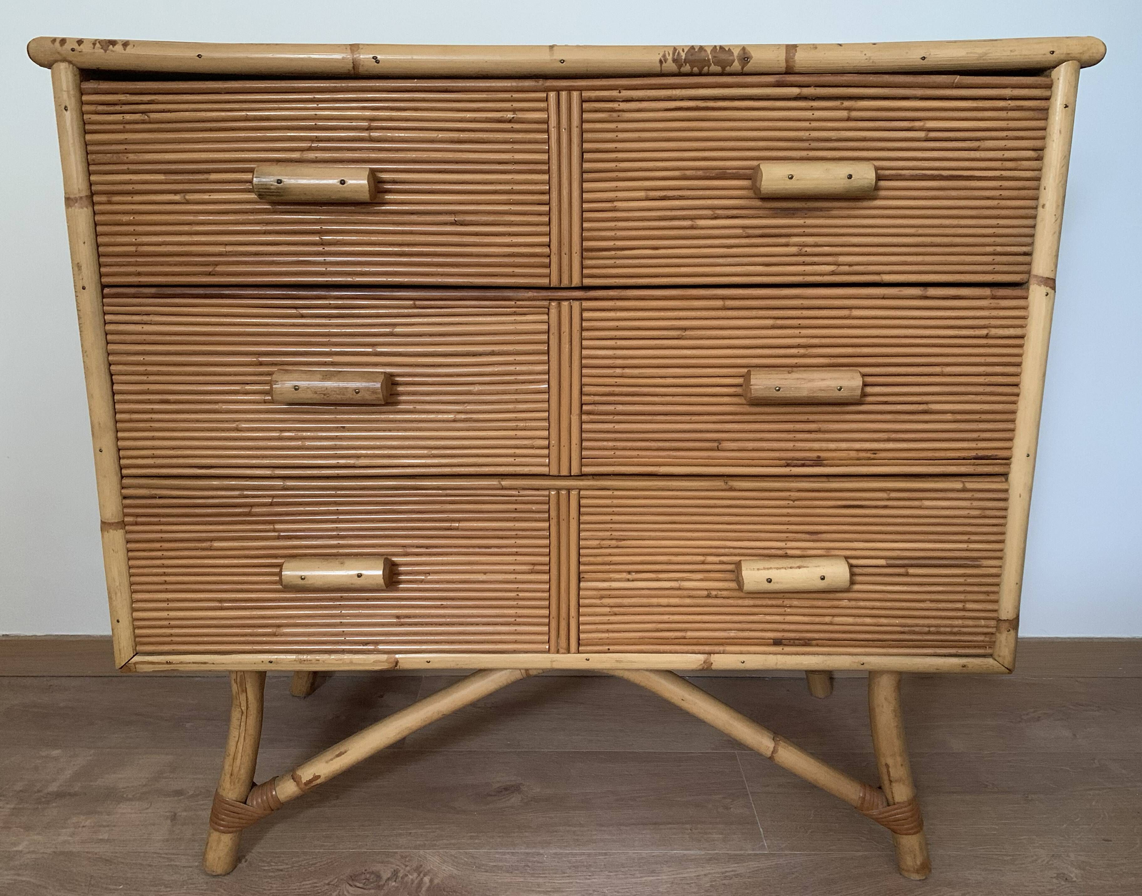 3-drawer rattan/bamboo chest of drawers attributed to Adrien Audoux and Frida Minnet. Circa 1950