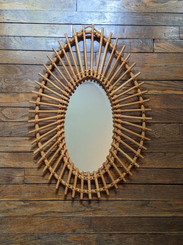 Asymmetrical vintage rattan wicker bamboo sun mirror Scandinavian craftsmanship