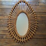 Asymmetrical vintage rattan wicker bamboo sun mirror Scandinavian craftsmanship