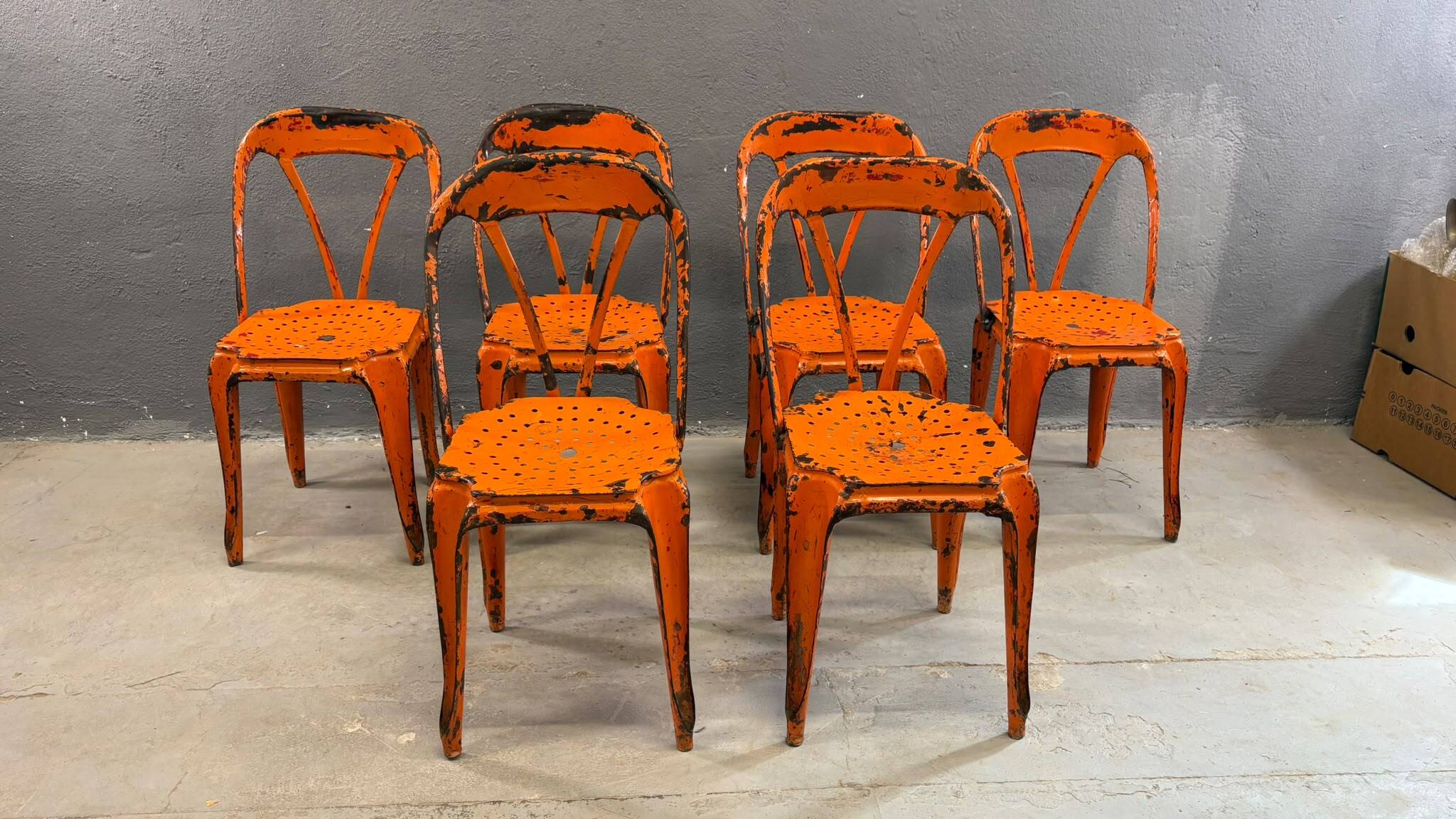 Set of 6 industrial metal dining chairs by Joseph Mathieu, painted steel, 1920s, France