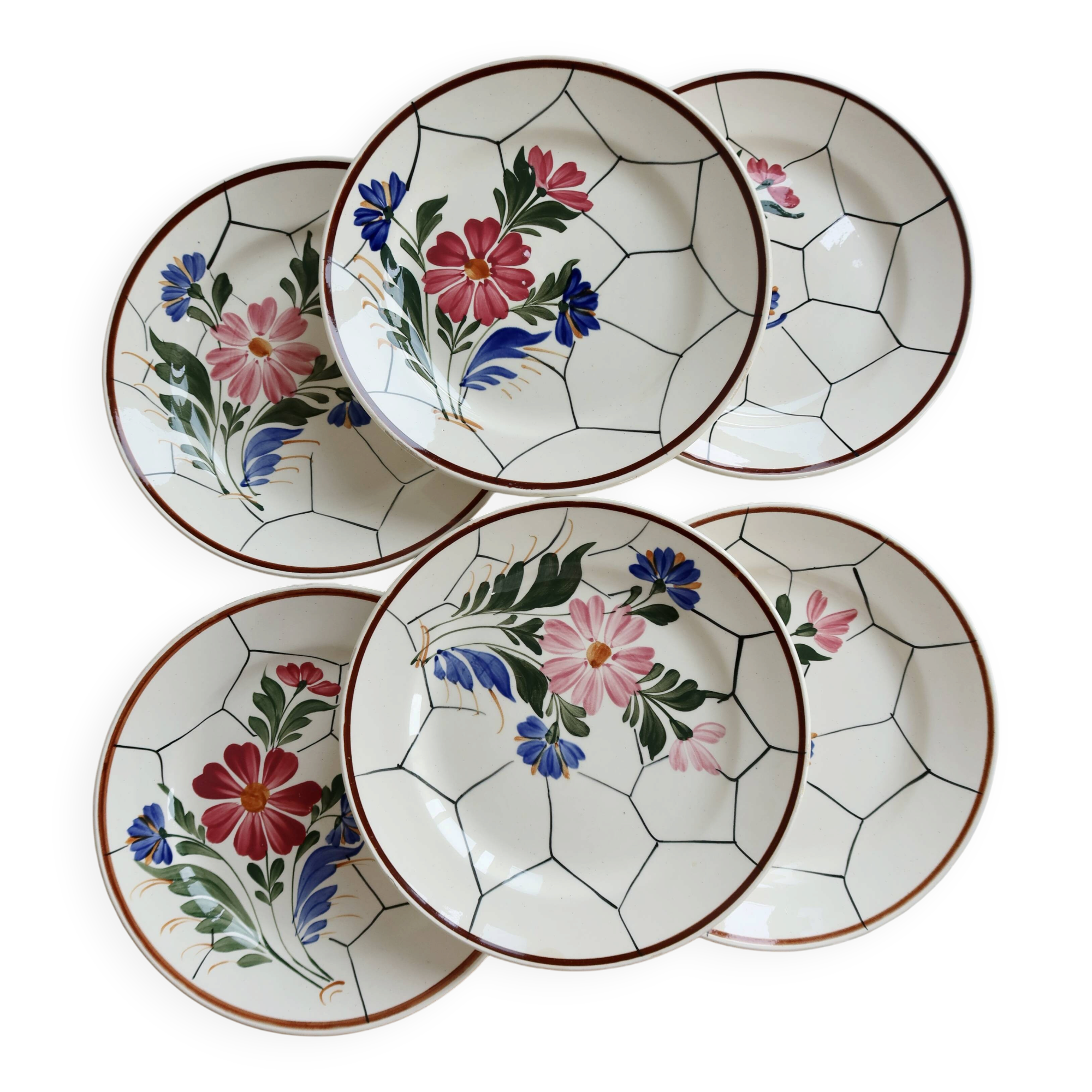 6 vintage flat plates faience Saint-Amand model Maurice – Flora decor