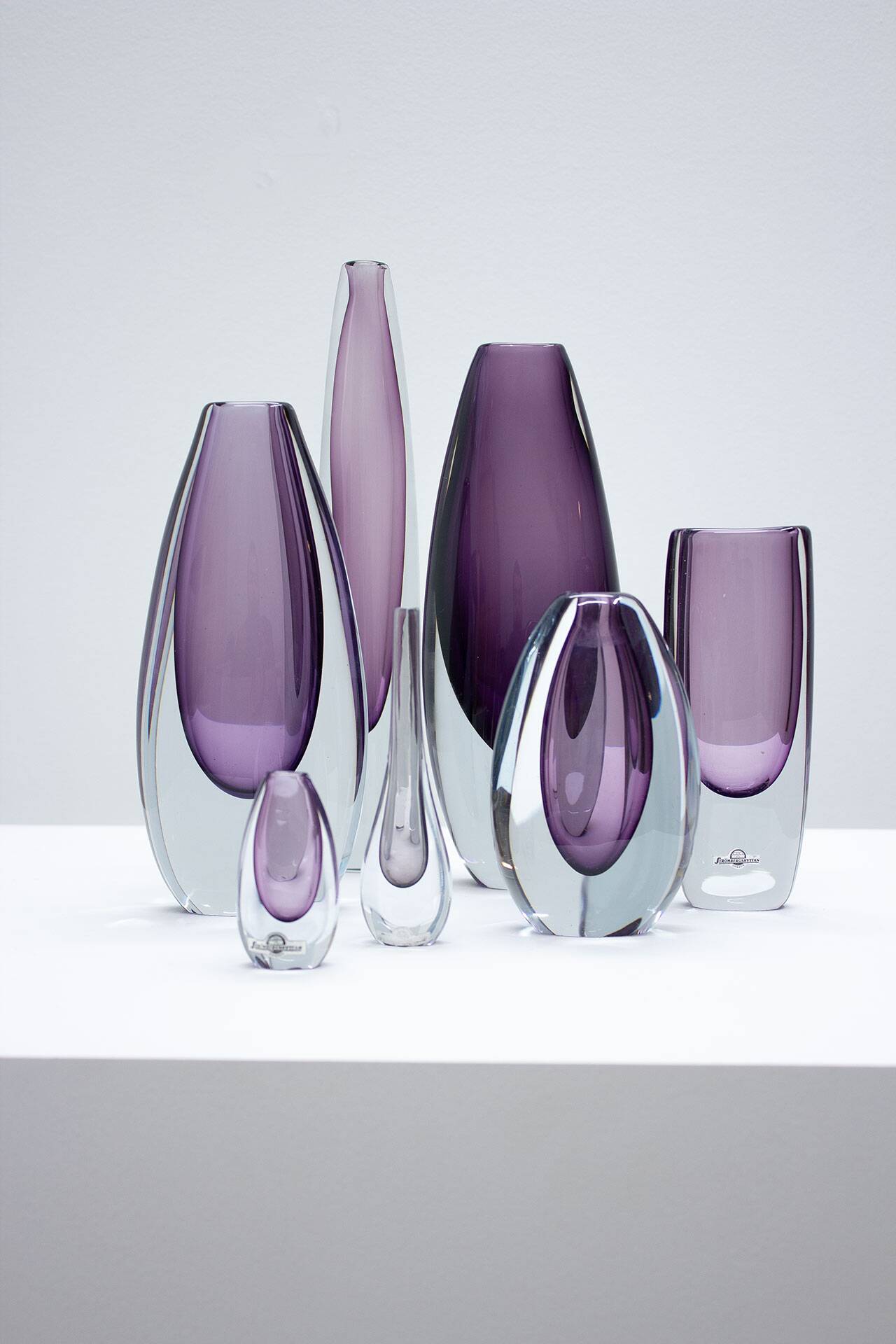Group of 7 glass "Sommerso" vases by Strömbergshyttan, Sweden