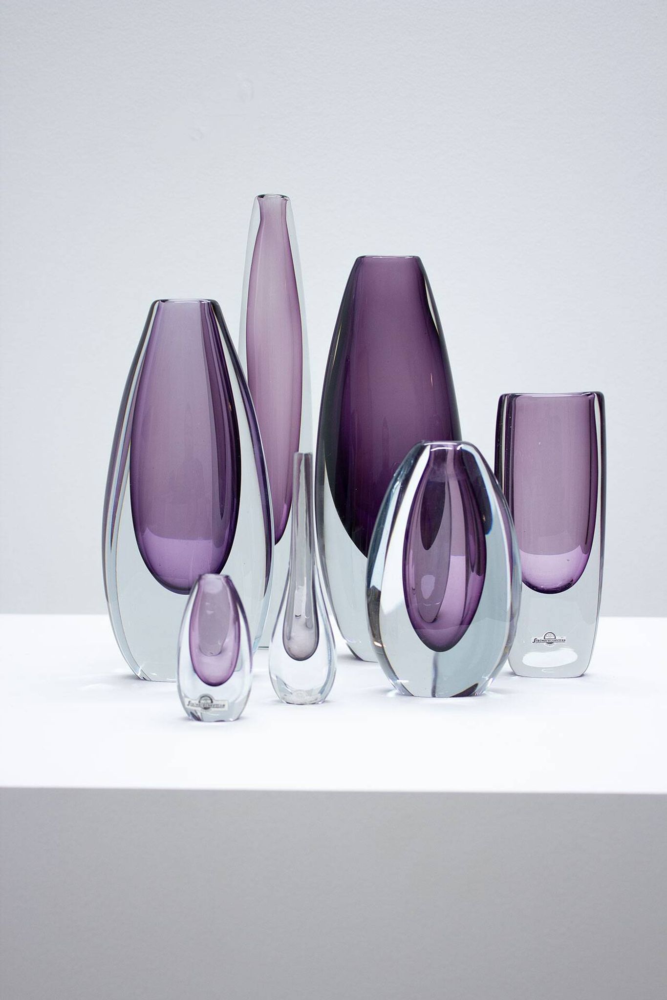 Group of 7 glass "Sommerso" vases by Strömbergshyttan, Sweden