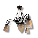 Lustre Art Déco en fer forgé et verre dépoli