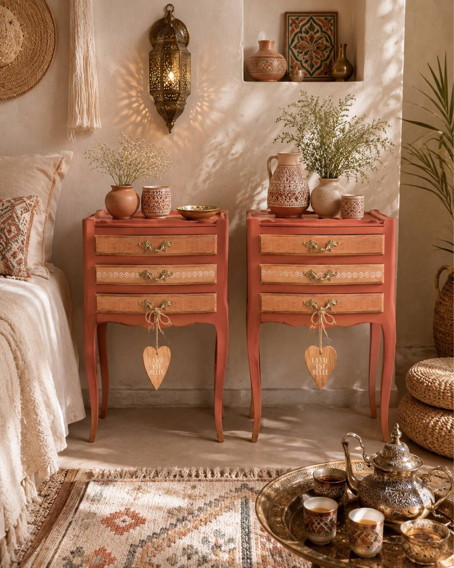 Pair of revamped bohemian / berber bedside tables with the heart "life is beautiful"