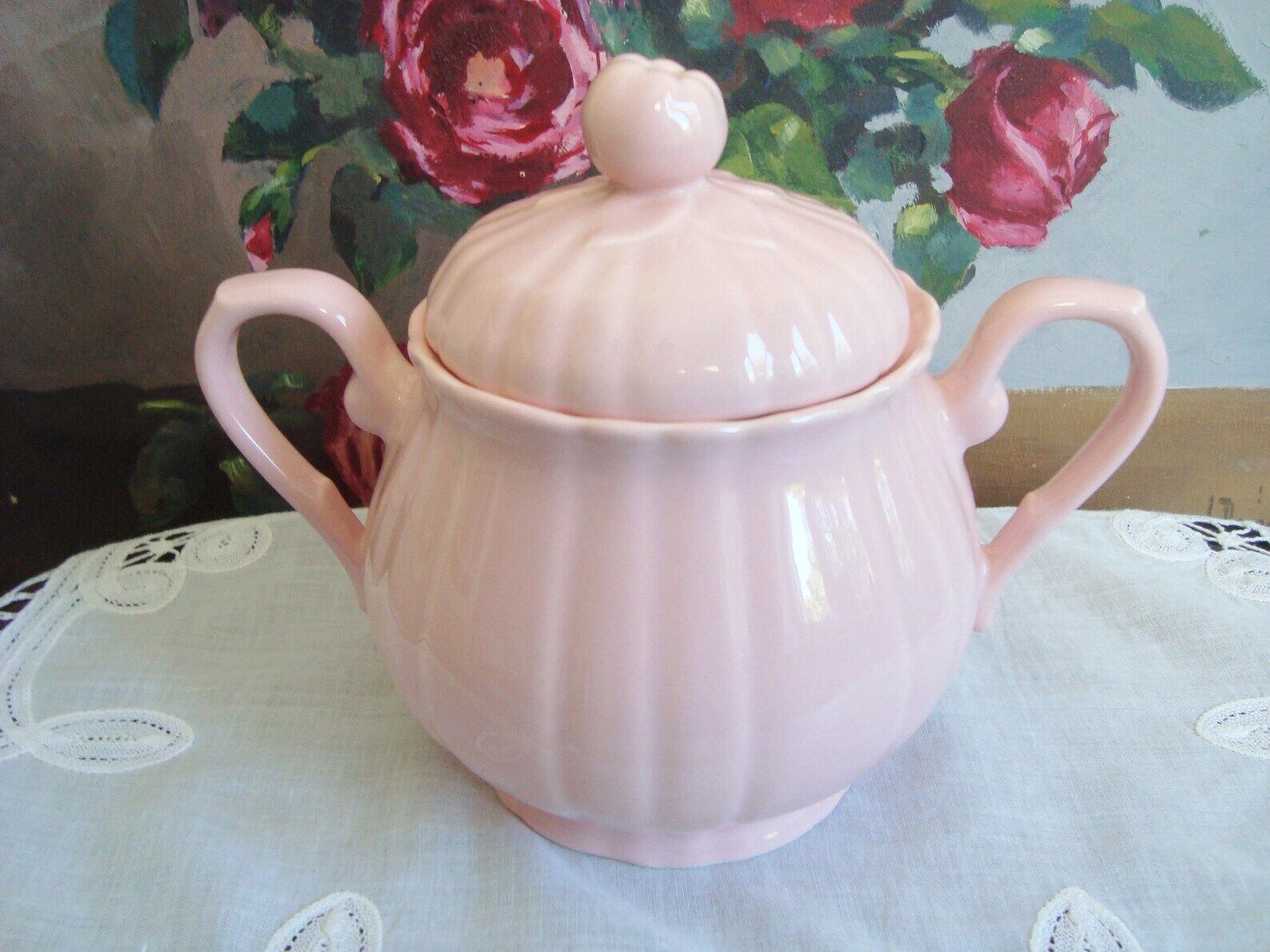 Vintage pink ceramic sugar bowl made by Salins France