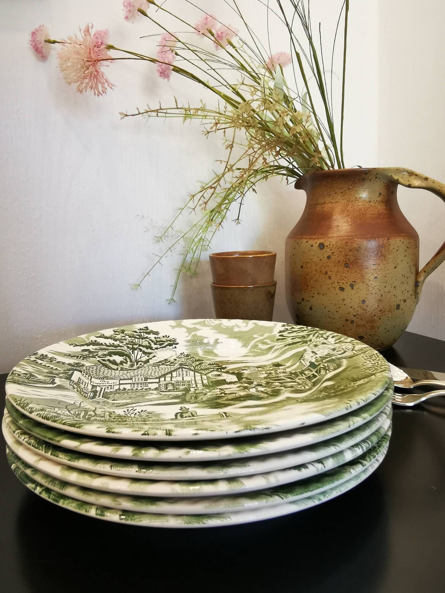 Set of 6 flat plates english style Lunéville verte