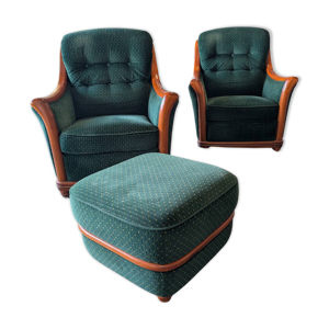2 fauteuils et pouf assorti - tissu vert