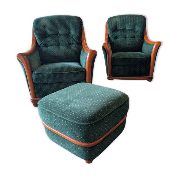 2 fauteuils et pouf assorti en tissu vert et bois