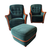 2 fauteuils et pouf assorti en tissu vert et bois