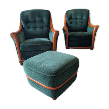 2 fauteuils et pouf assorti en tissu vert et bois