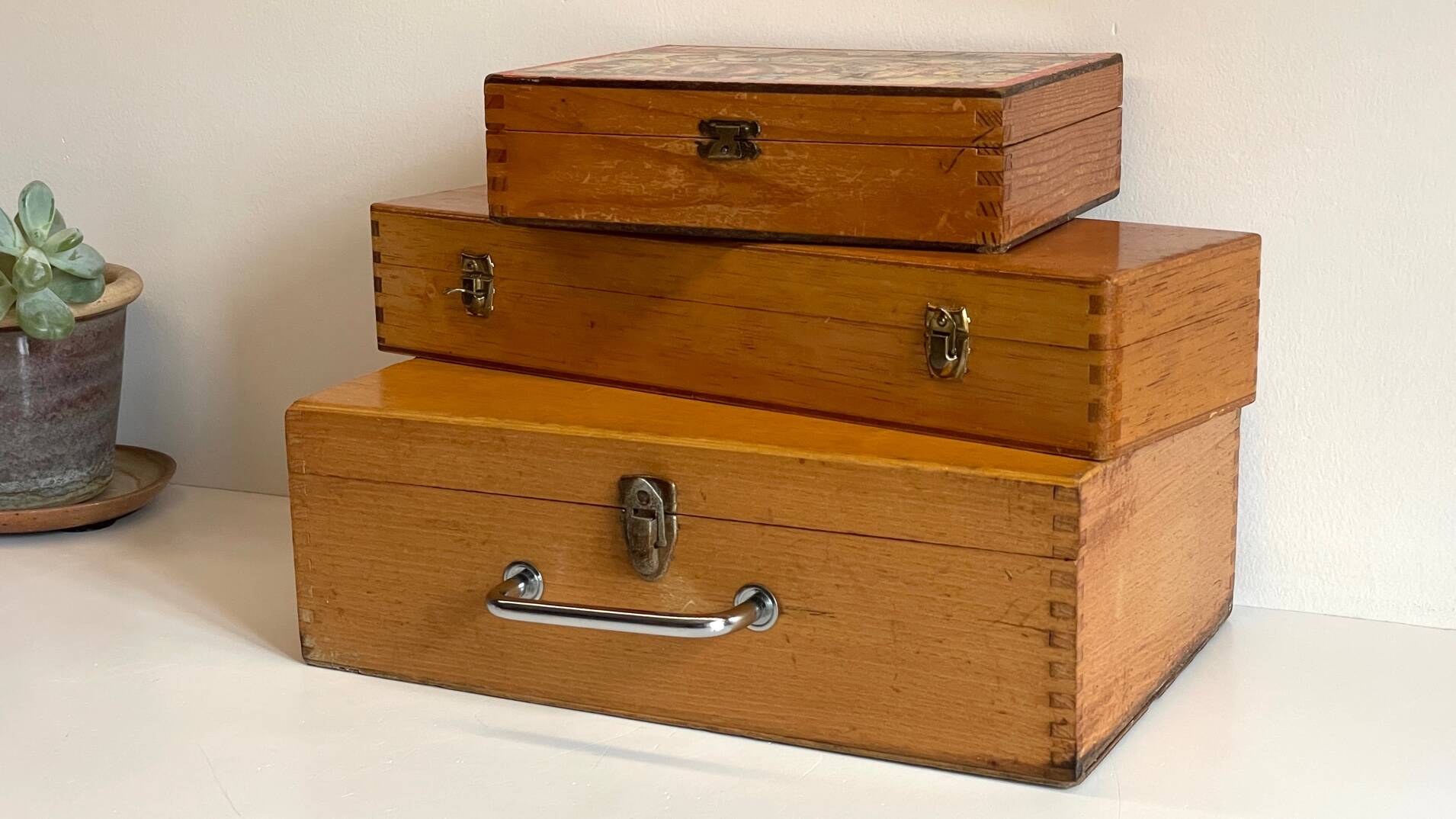 3 vintage dovetail wooden boxes