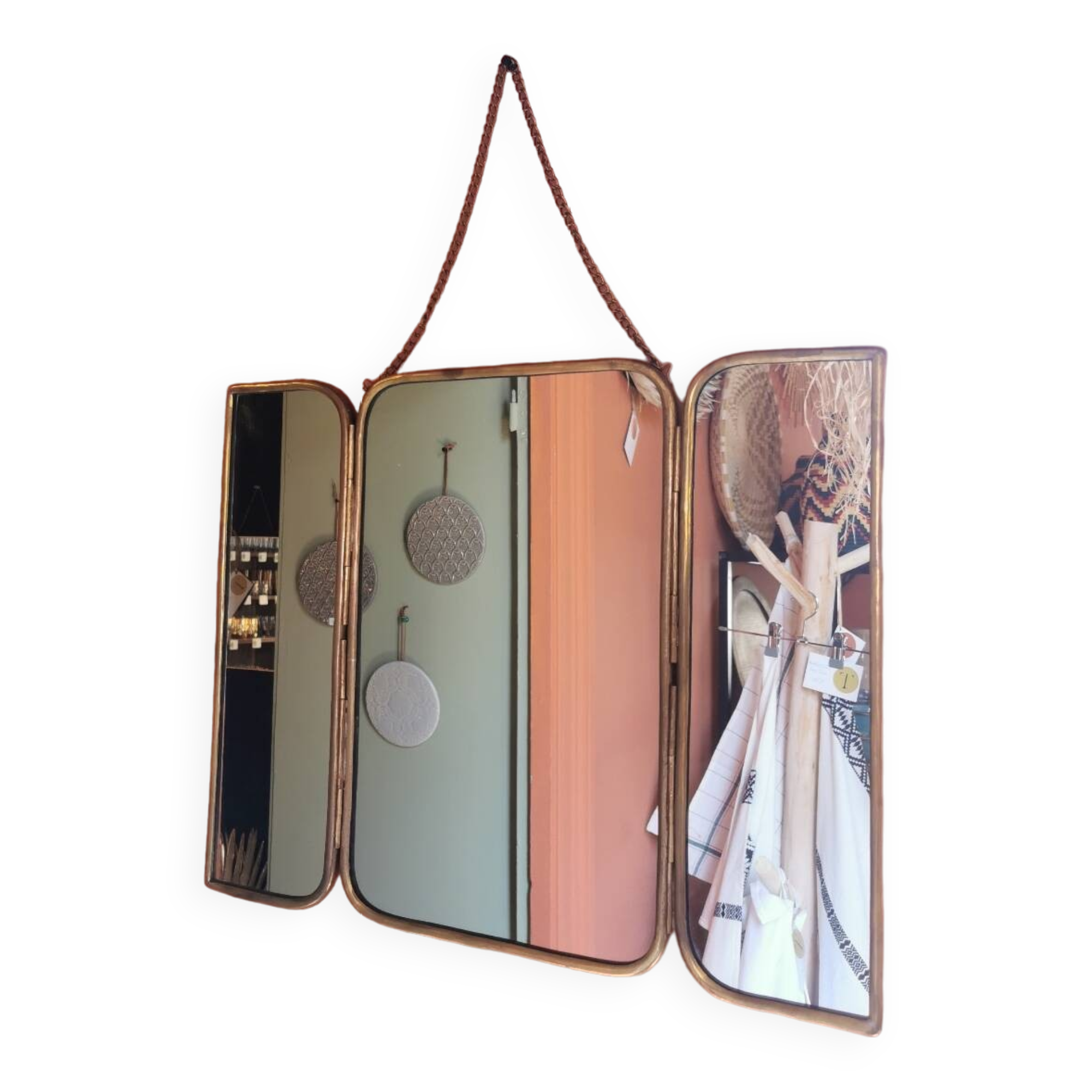 Solid brass triptych barber mirror