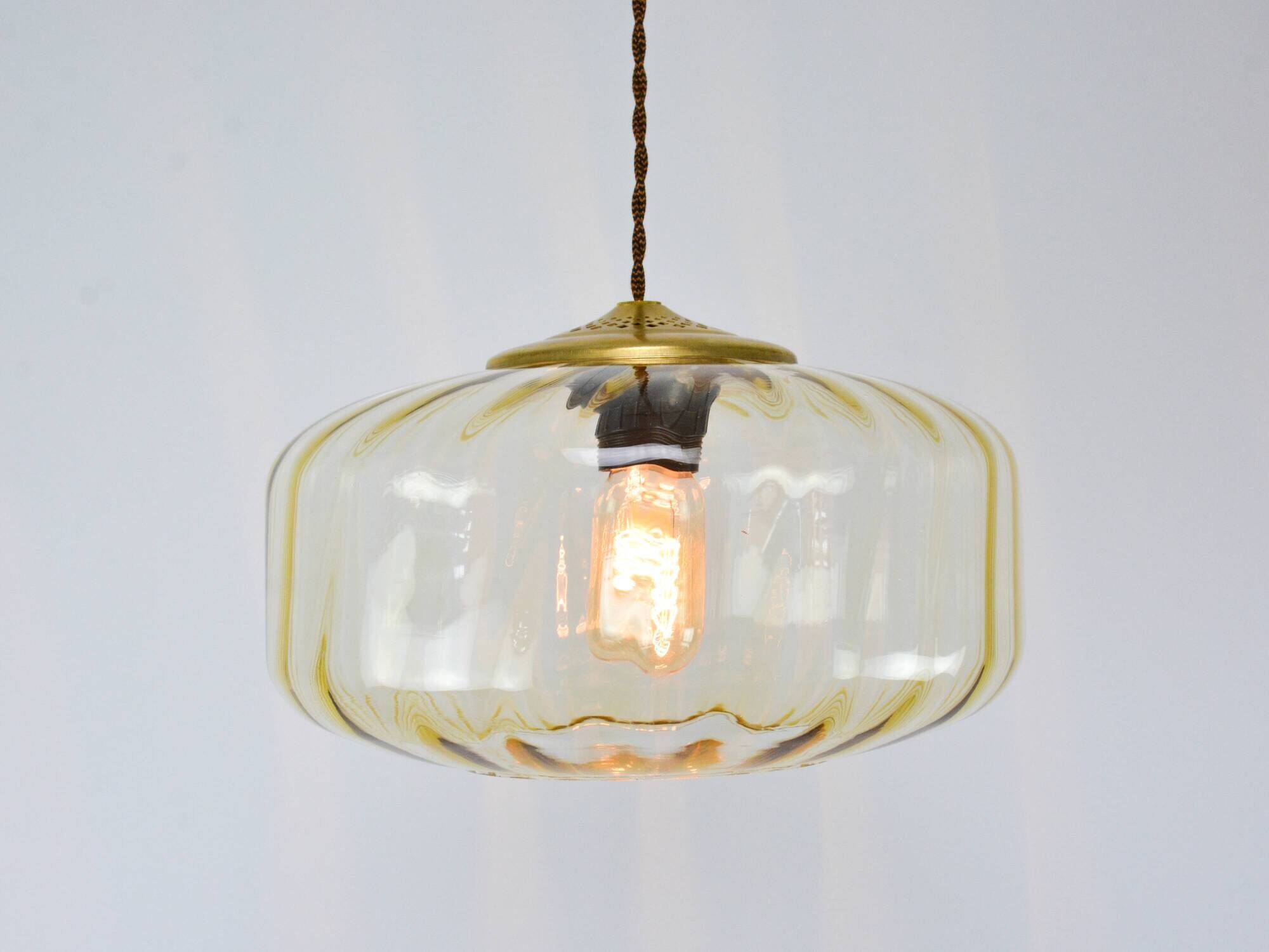 Vintage Light Beige Glass and Brass Pendant Lamp