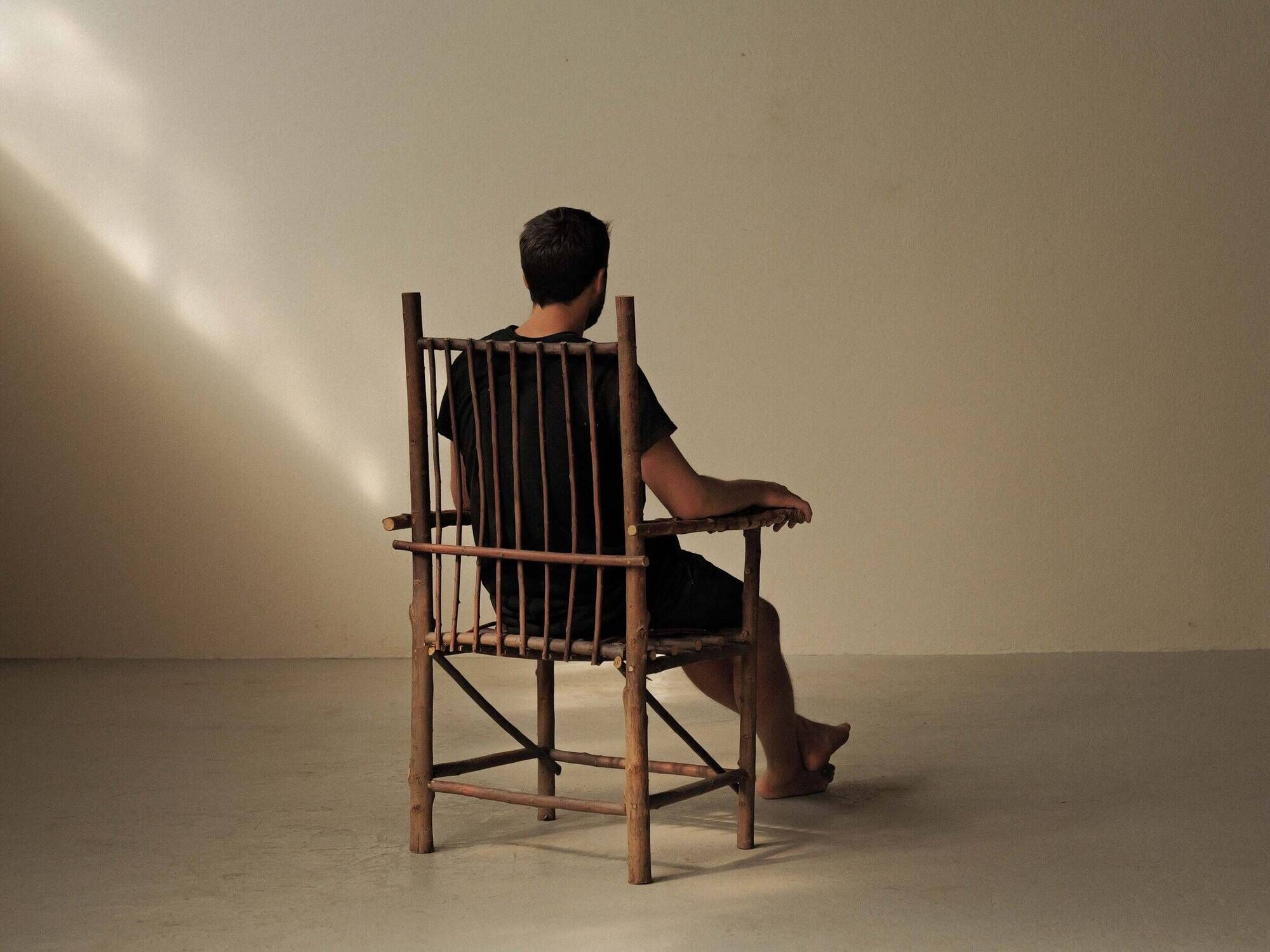 Brutalist armchair made of hazel branches, circa 1970.