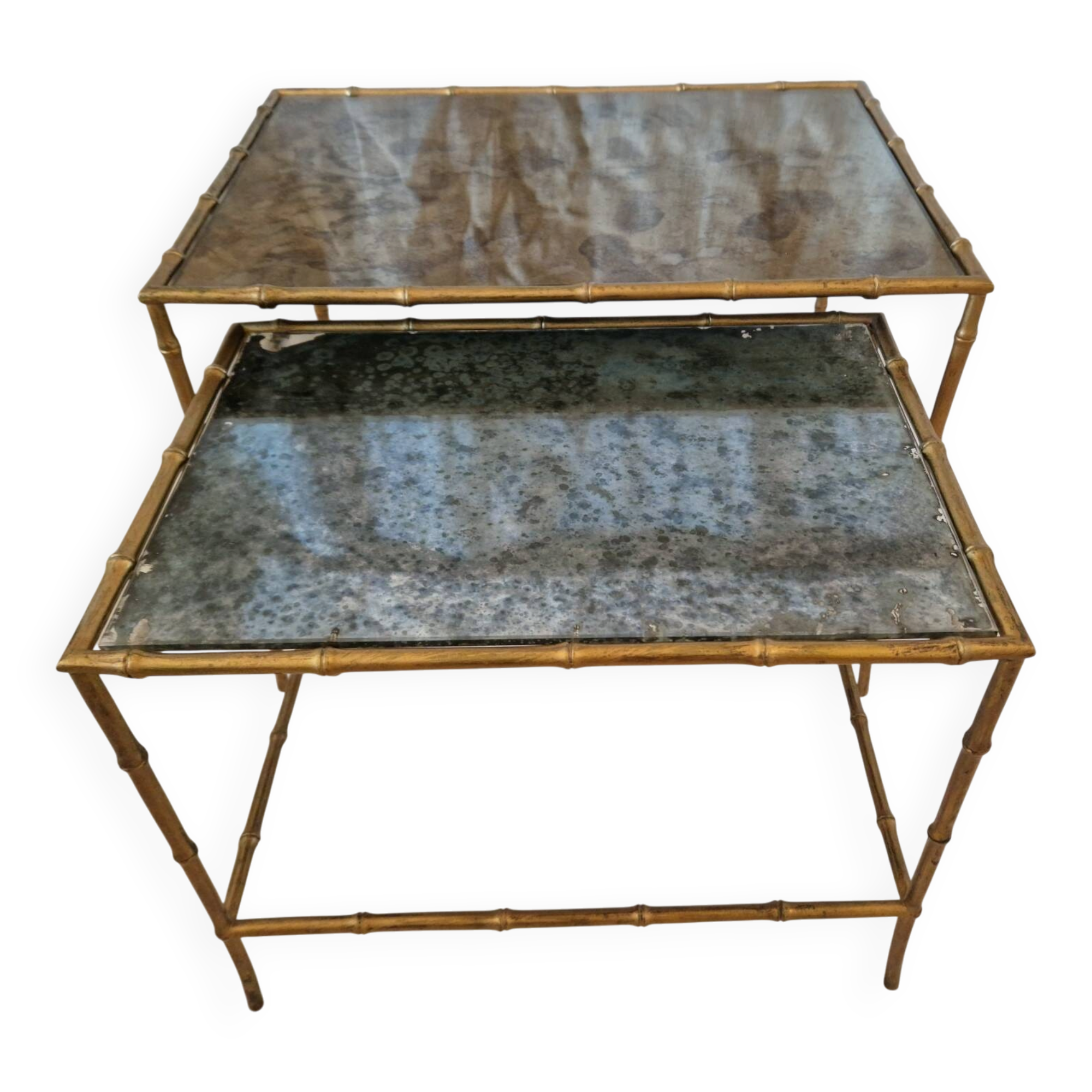 Pair of vintage nesting tables in faux bamboo with a gold finish – distressed mirrors