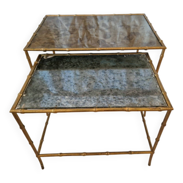 Pair of vintage nesting tables in faux bamboo with a gold finish – distressed mirrors