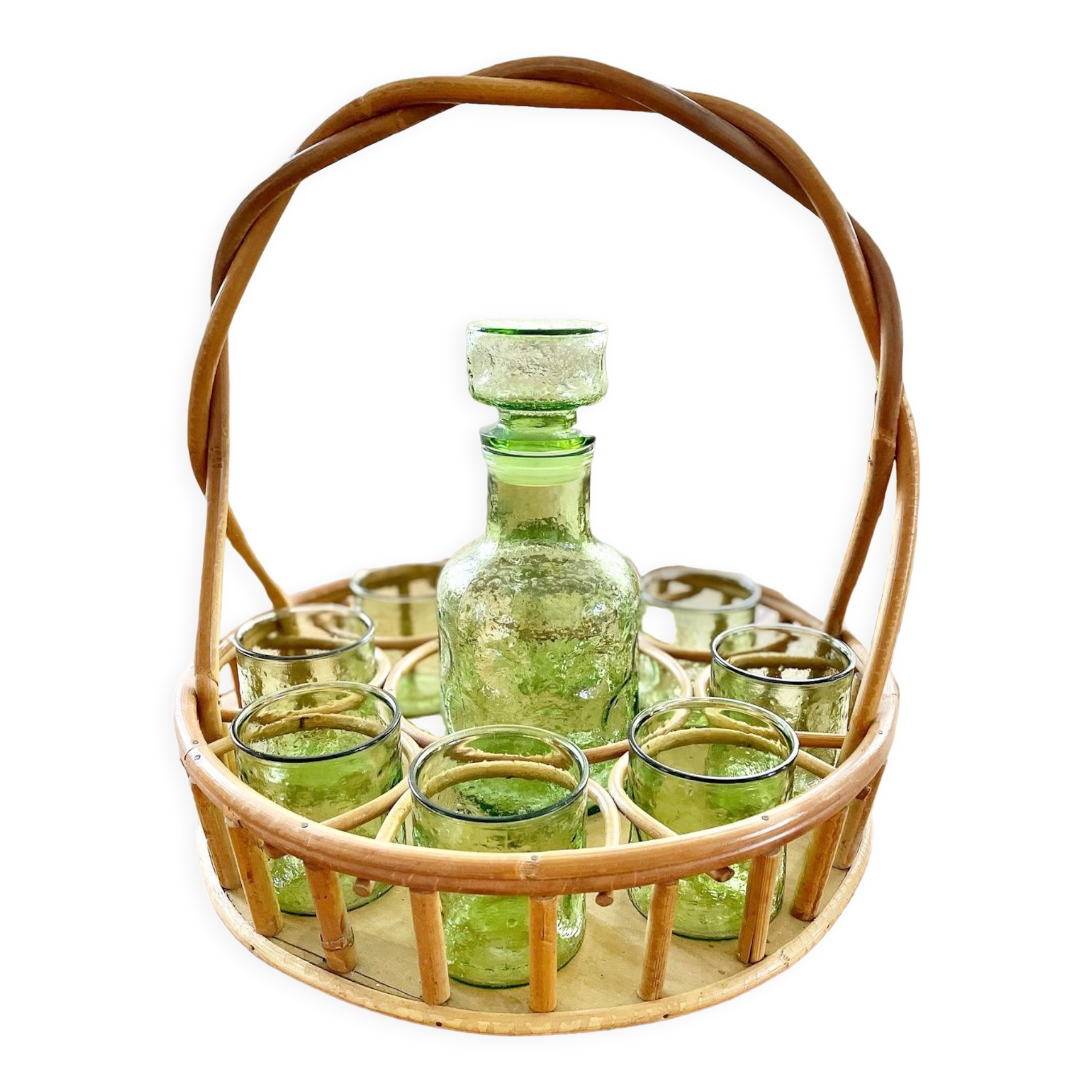 Service at orangeade vintage seventies green glass and rattan basket