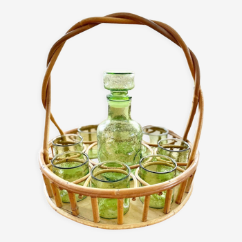 Service at orangeade vintage seventies green glass and rattan basket