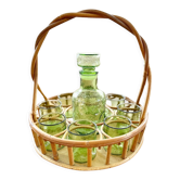 Service à orangeade vintage seventies verre vert et panier rotin