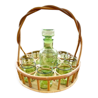Service at orangeade vintage seventies green glass and rattan basket