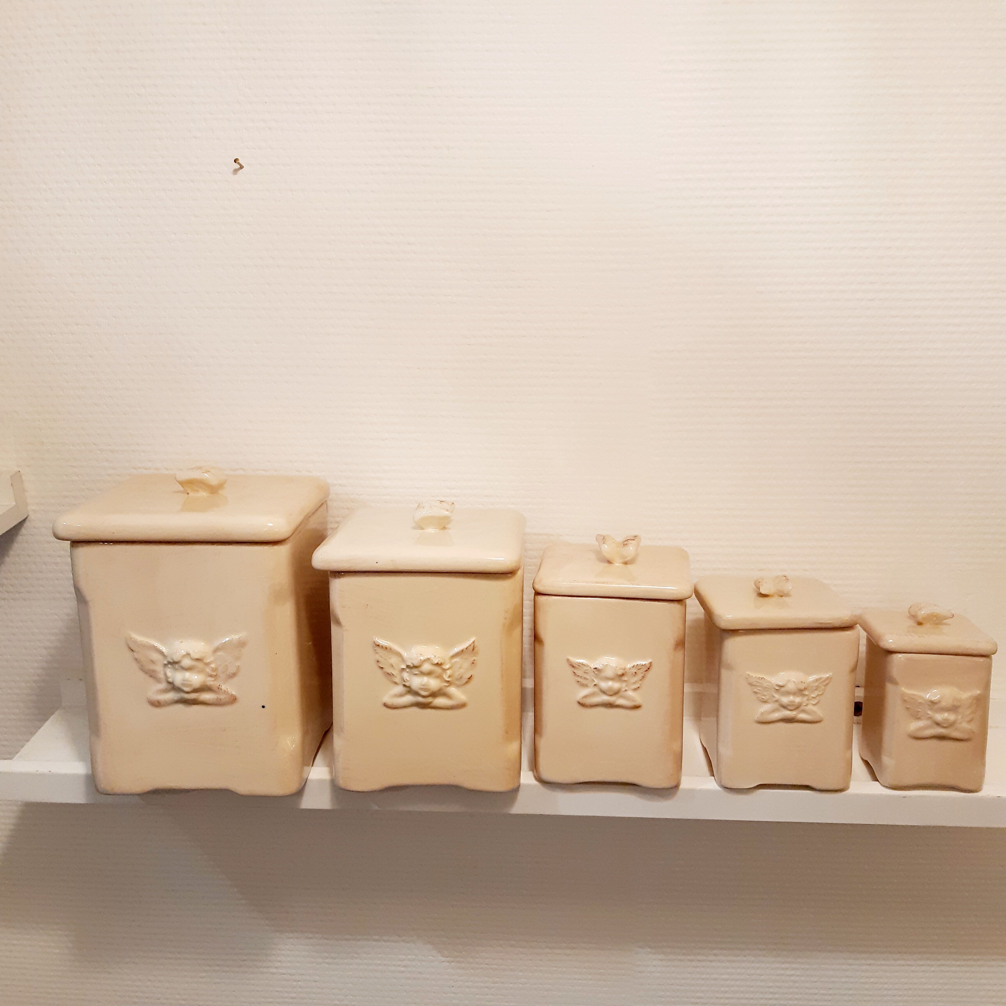 5 jars ceramic spices vintage angel