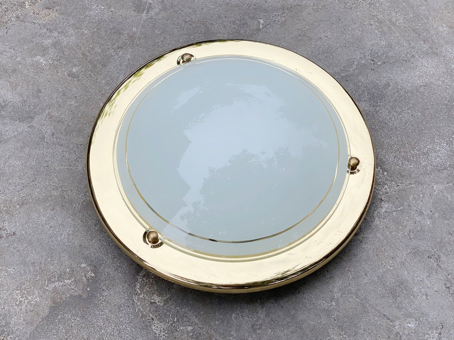 Vintage round ceiling lamp brass & white glass, Gold, Hollywood Regency, Wall sconce