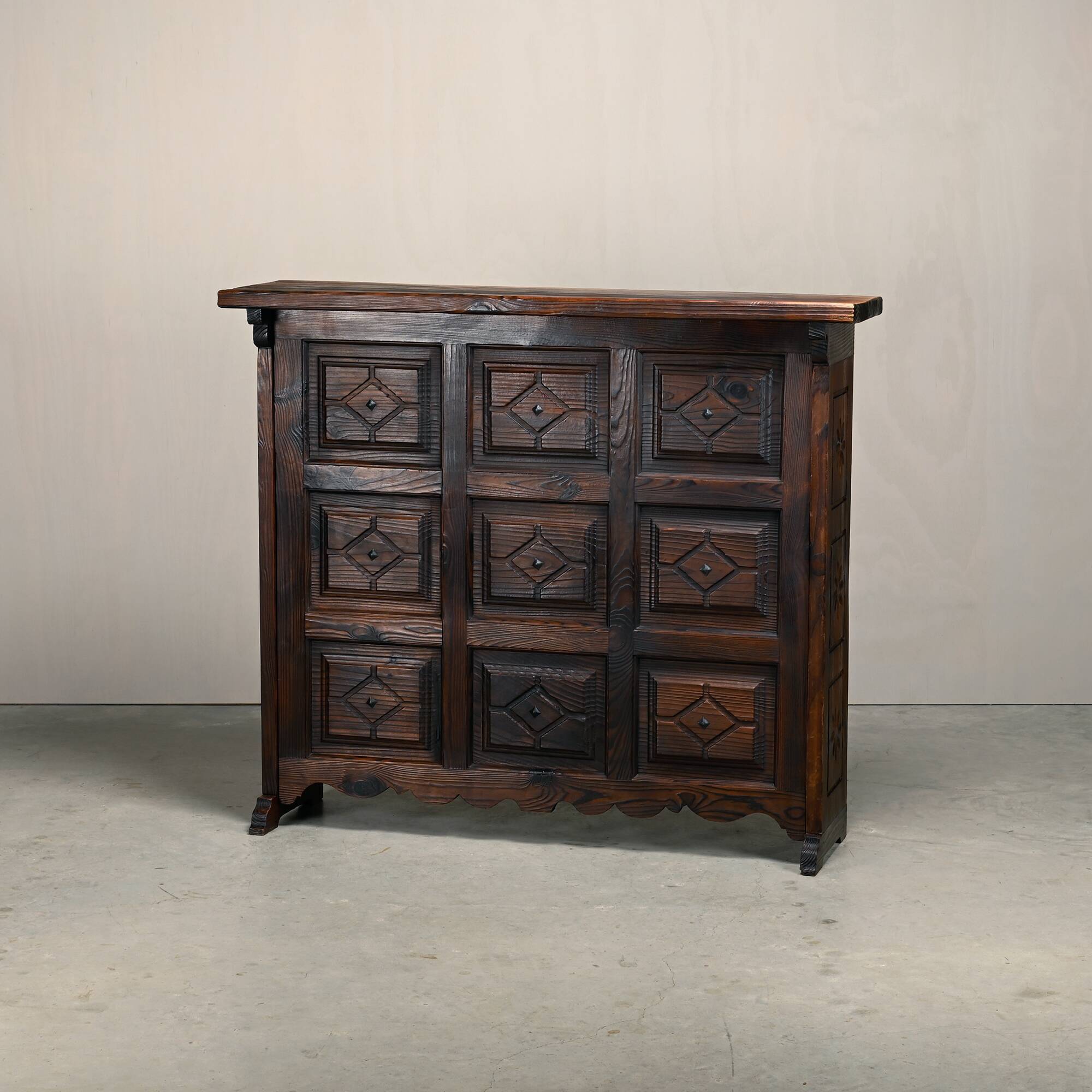 Spanish Rustic Brutalist Dry Bar Counter with matching Barstools