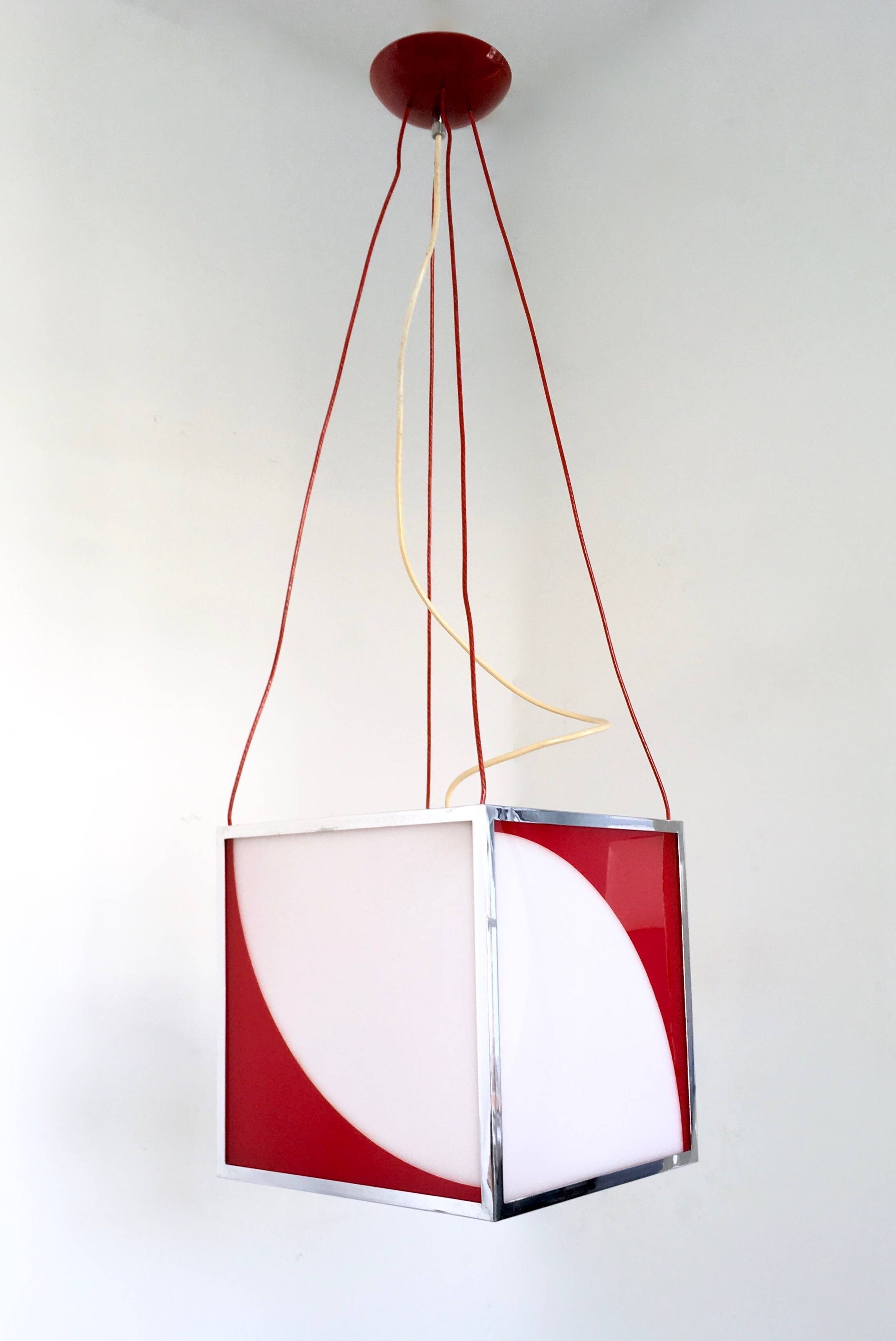 Cubic Red and White Plexiglass and Metal Pendant, Italy