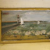Tableau ancien avec son encadrement, signé jcc,  scène portuaire avec phare