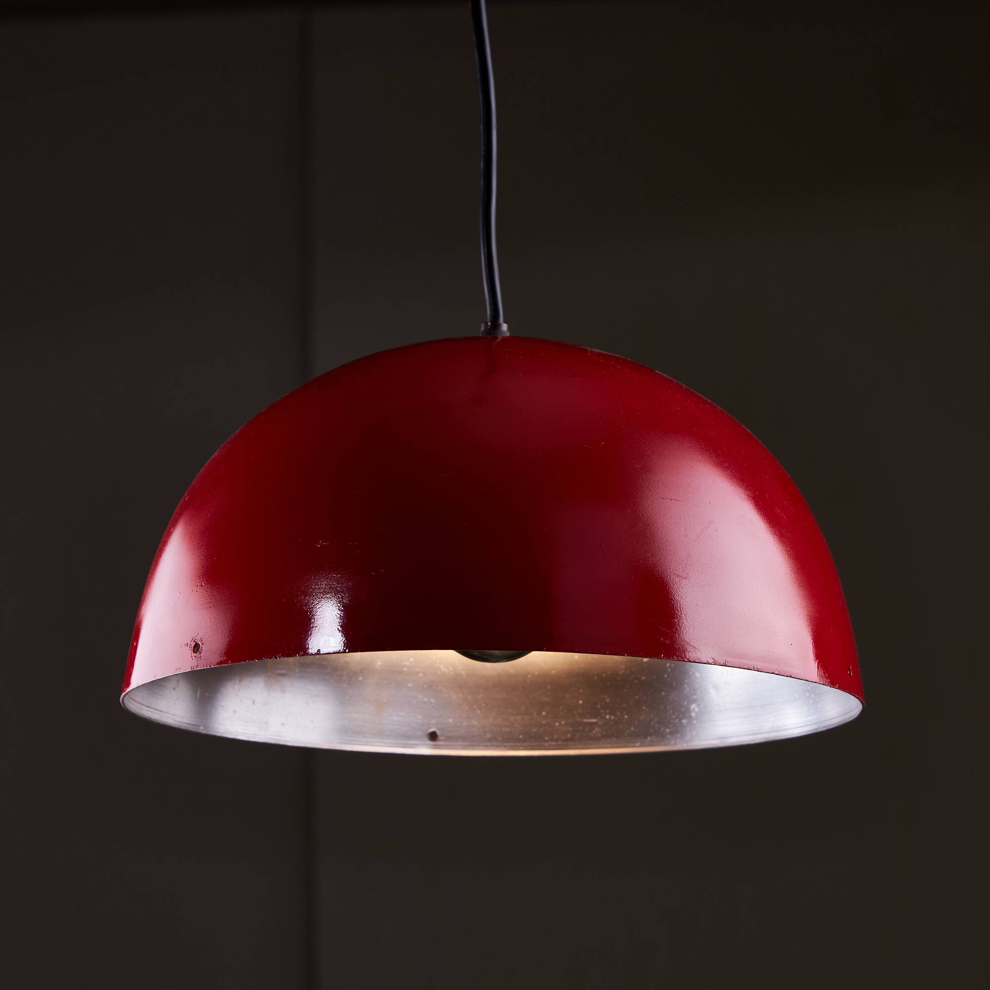 Italian, Hemispherical Red Aluminum Pendant with Round Holes on Top, 1970s