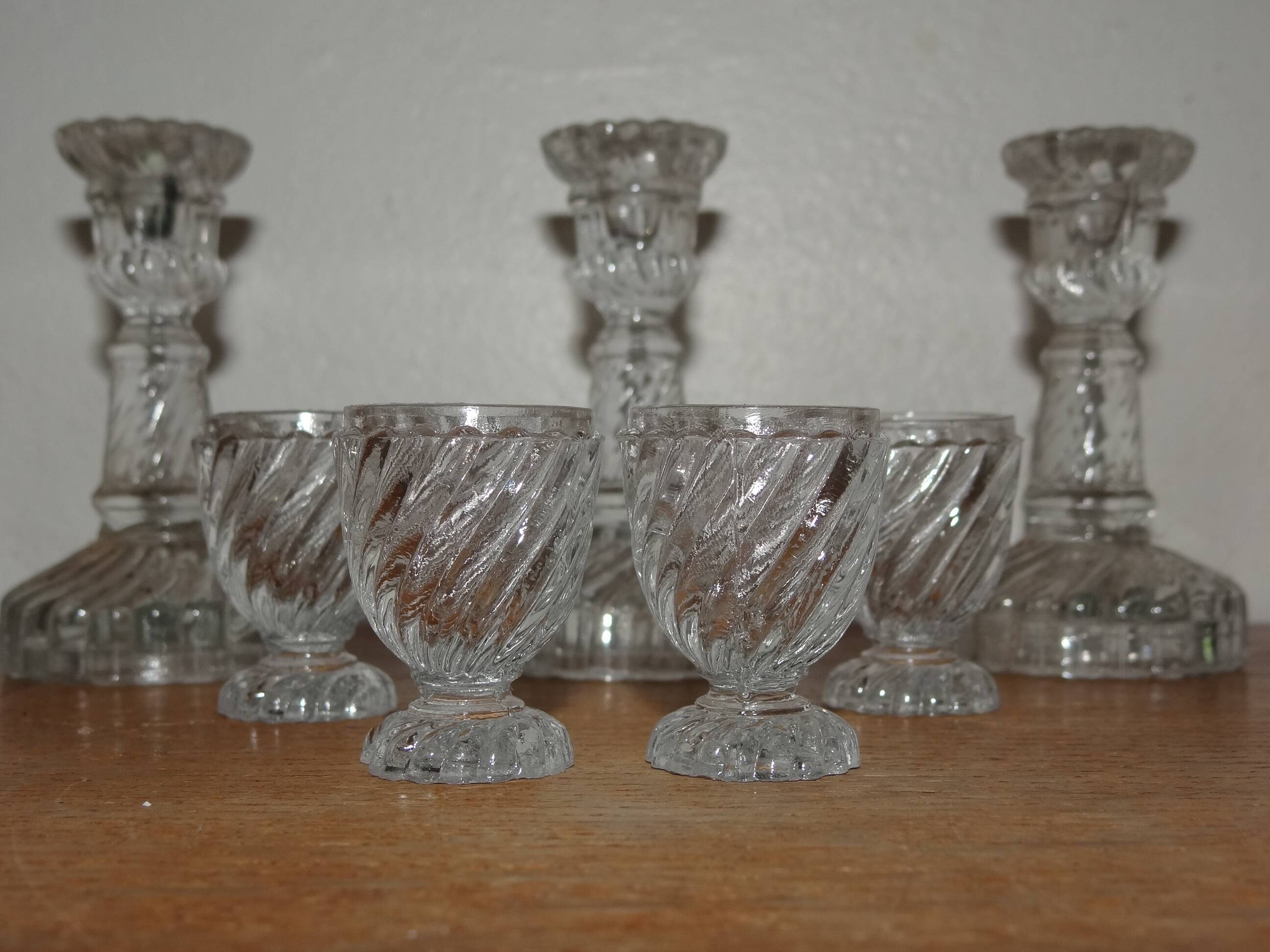 Candle Holders and Doll Dinette Glasses in Molded Pressed Glass Portieux or Vallerysthal
