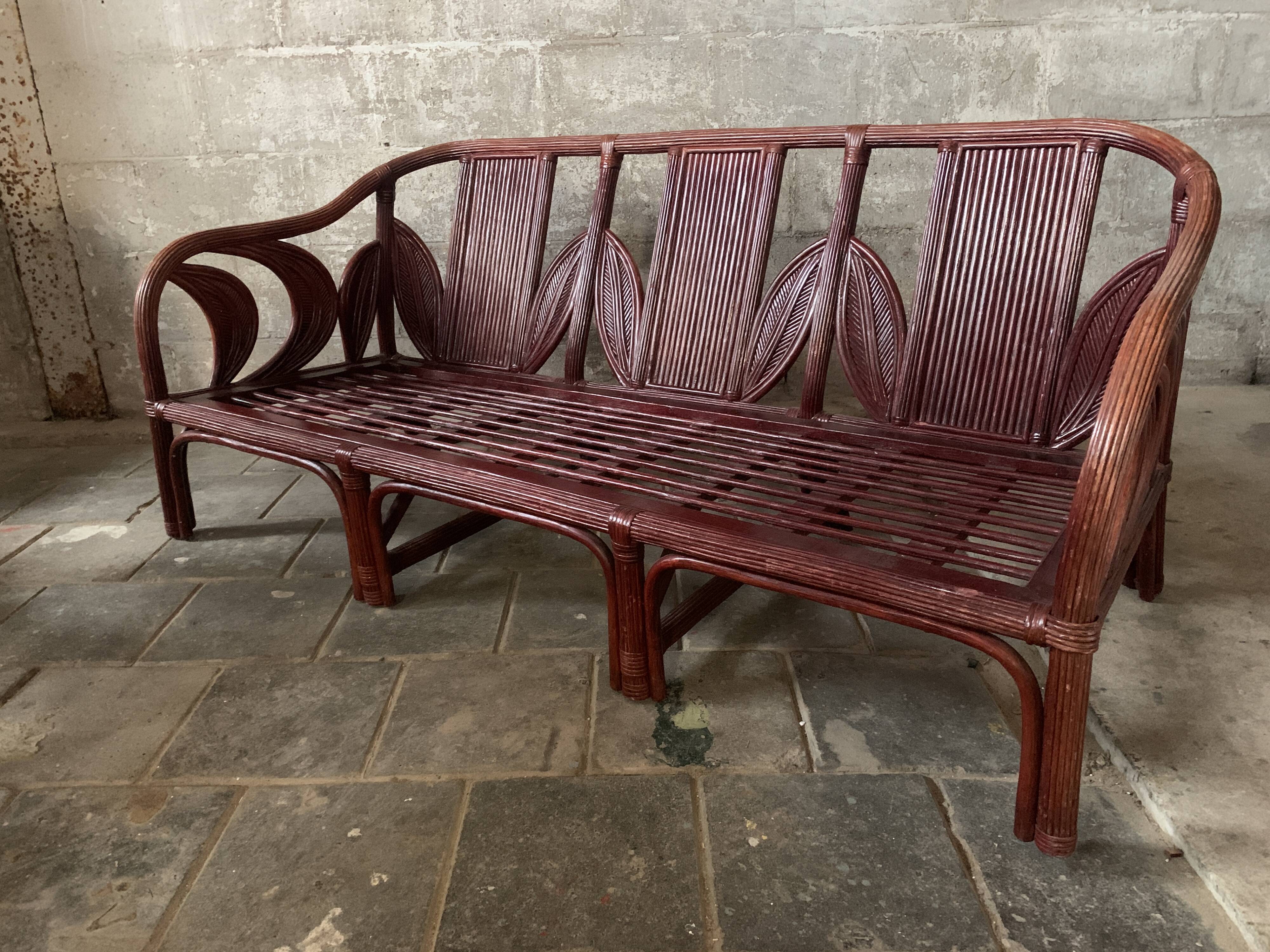 Pencil reed rattan bamboo coastal palm leaf bench sofa, Vivai del Sud 1970s